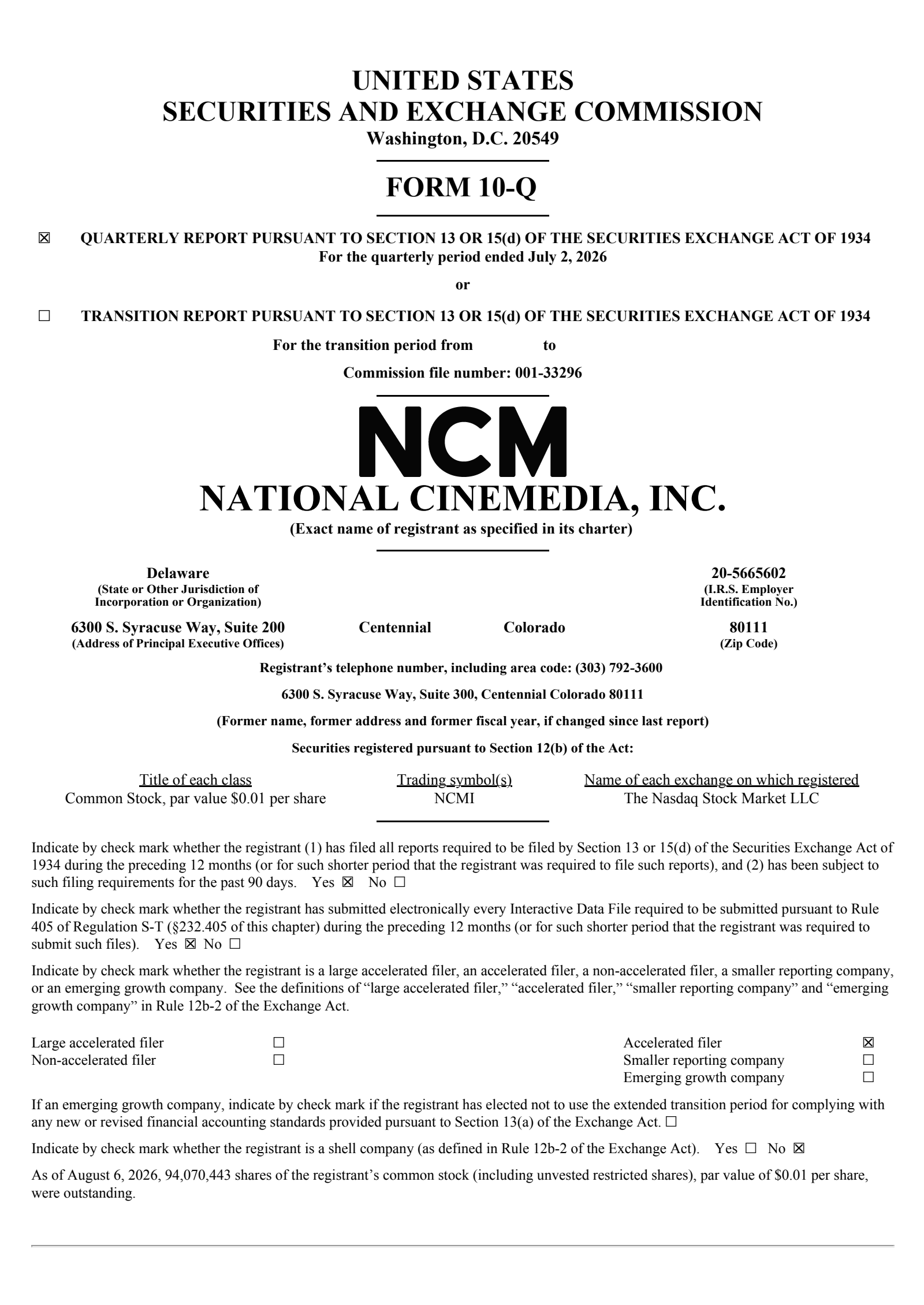 National CineMedia's Q2 2026 Quarterly report