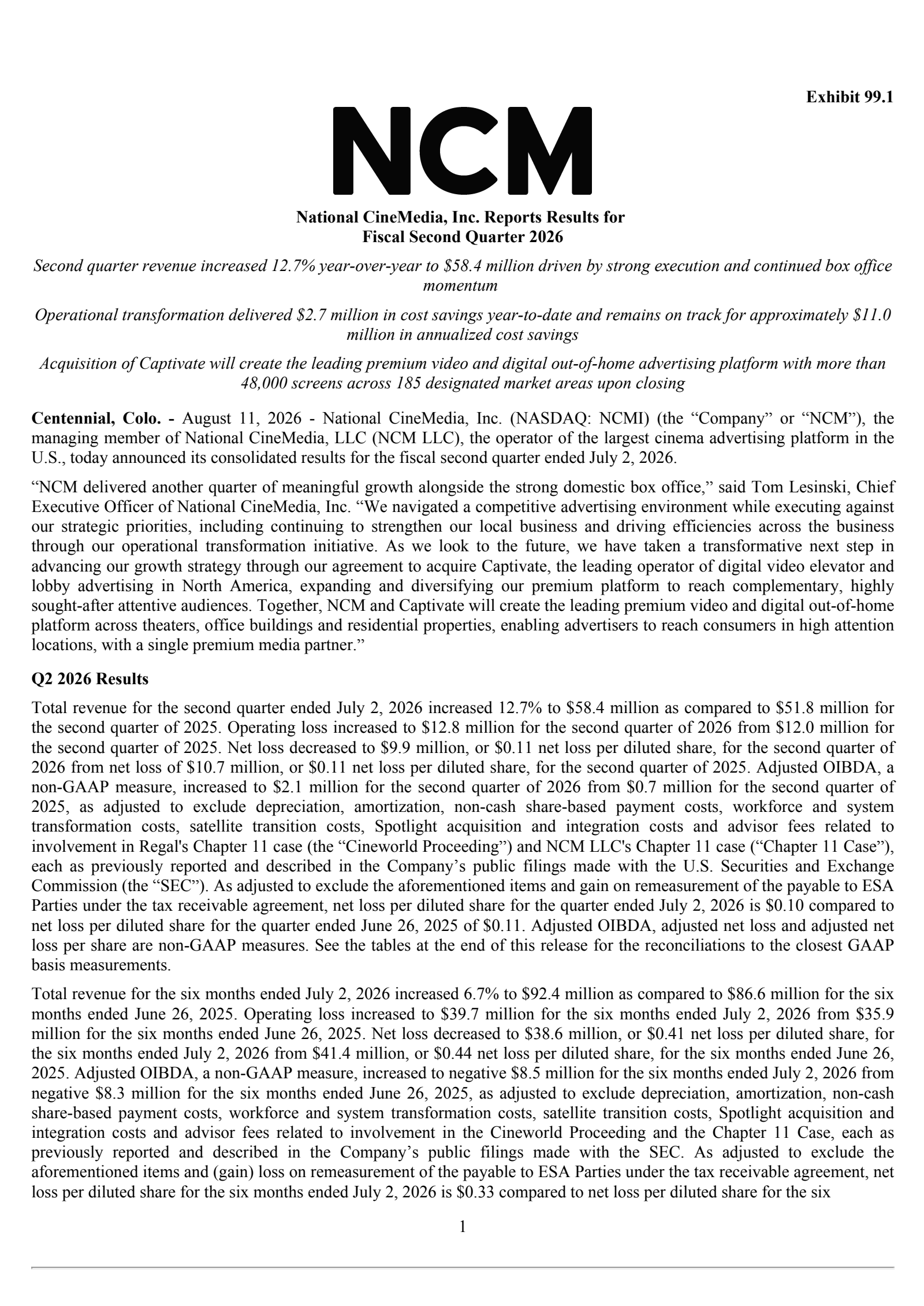 National CineMedia's Q2 2026 Press Release