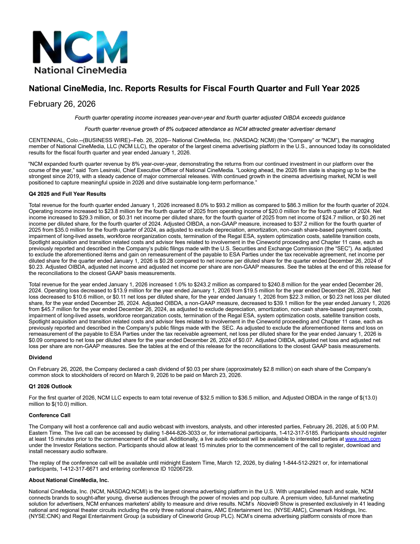 National CineMedia's Q4 2025 Press Release