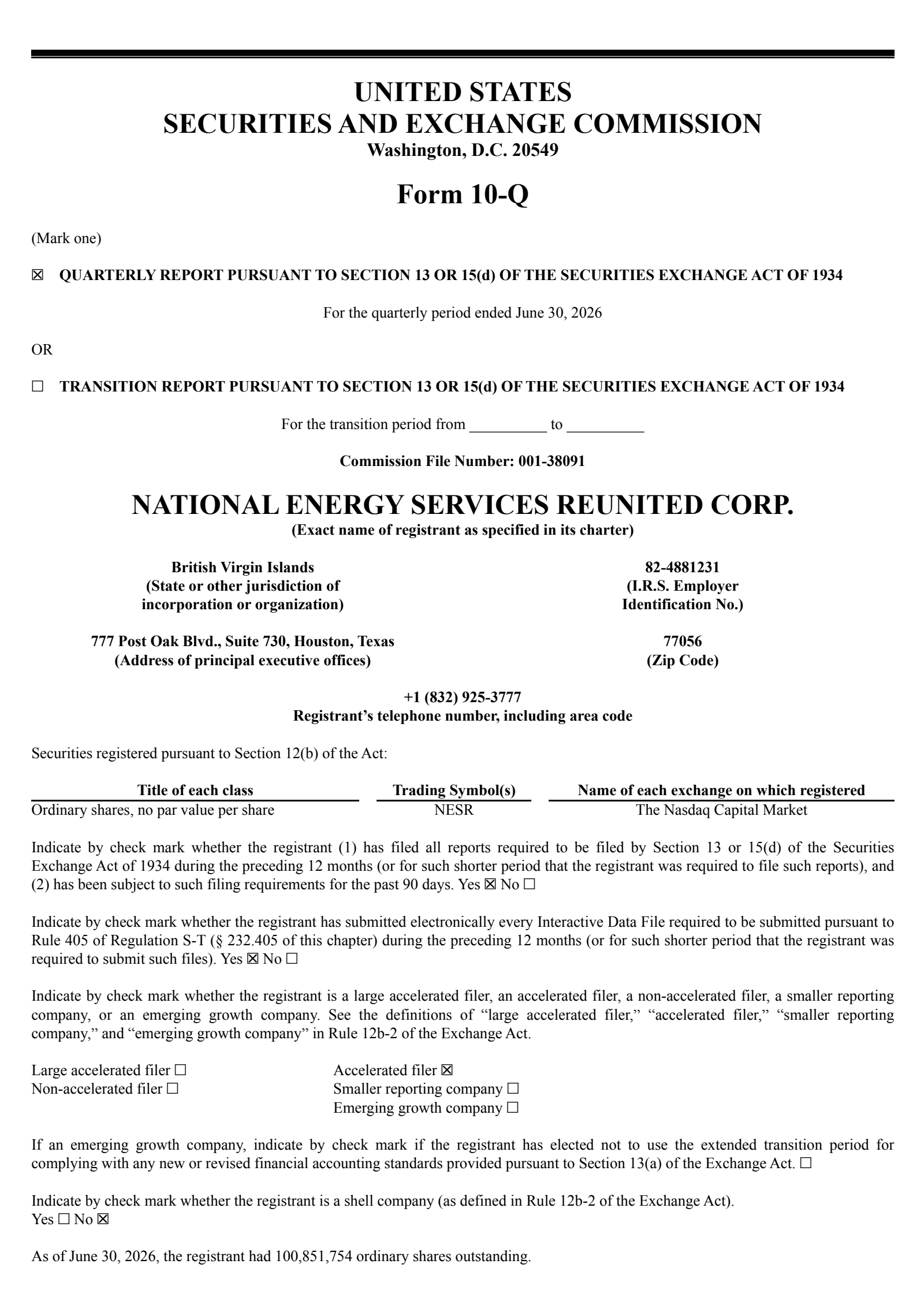 National Energy Services Reunited's Q2 2026 Quarterly report
