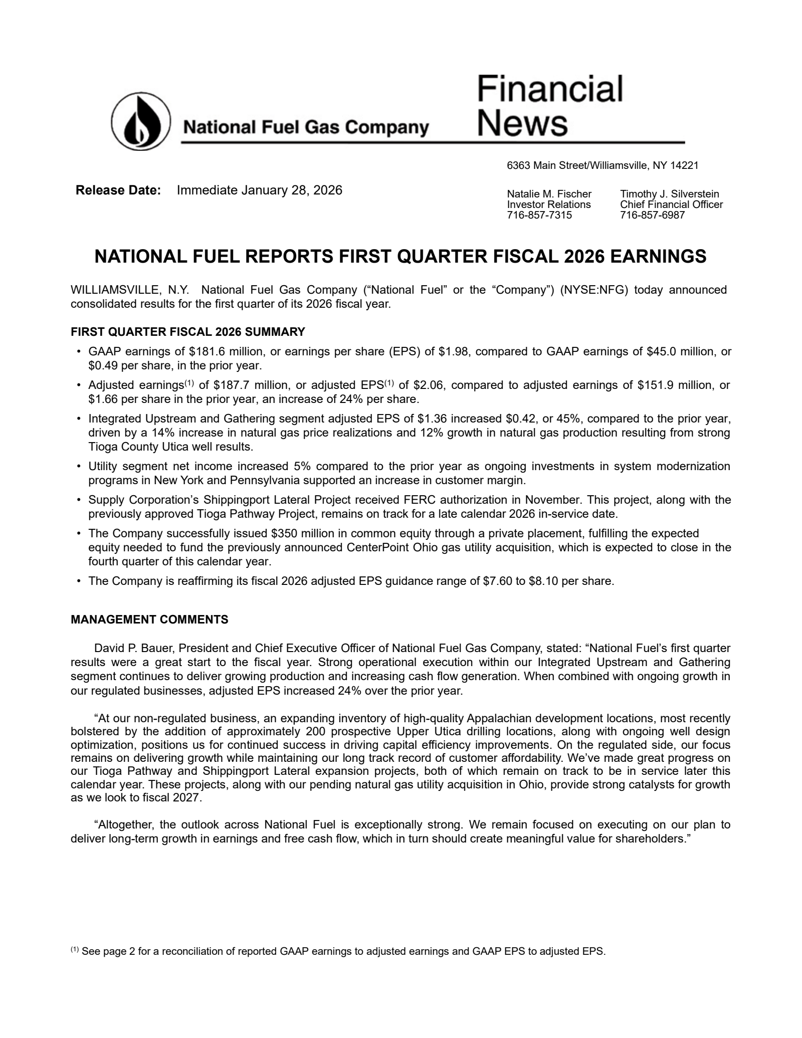 National Fuel Gas' Q1 2026 Press Release