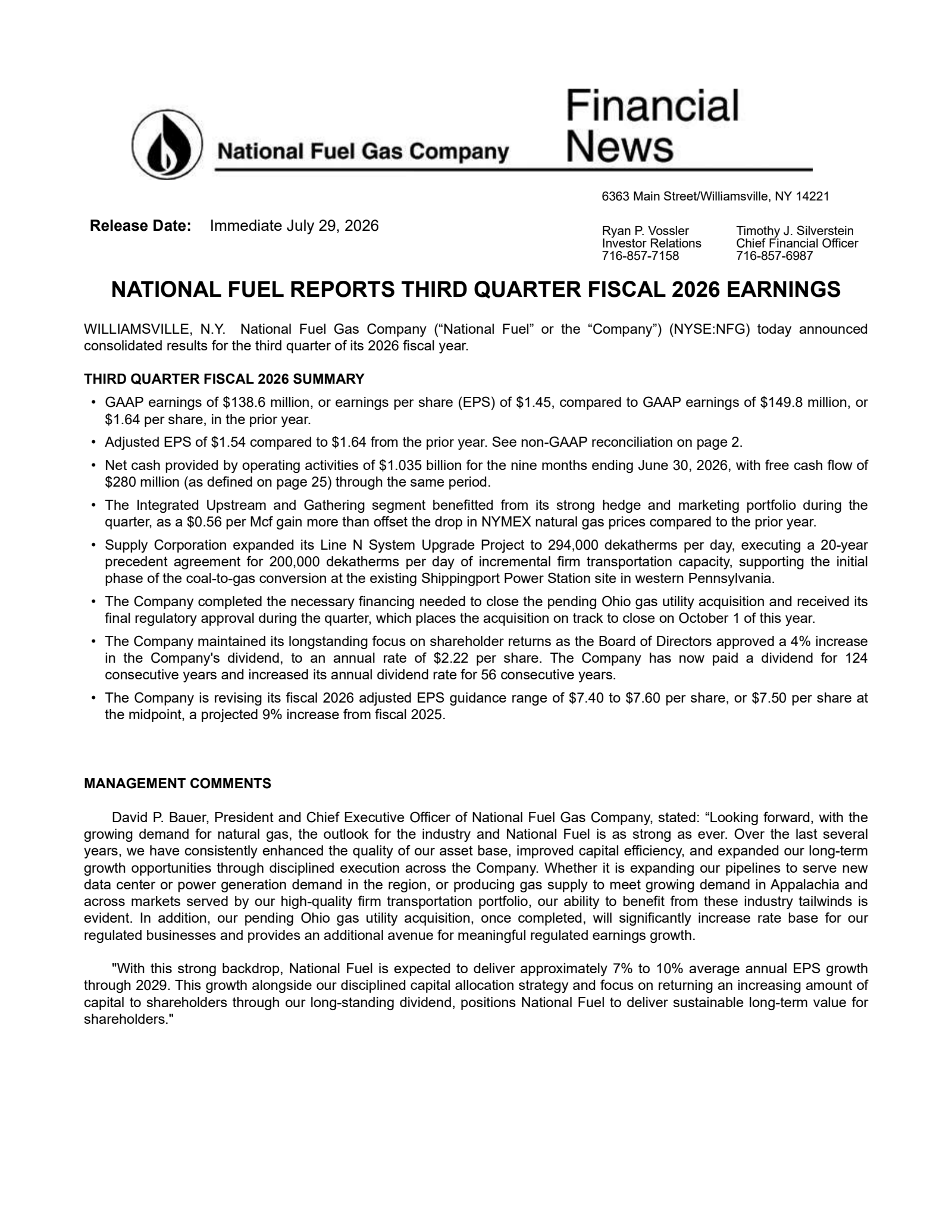 National Fuel Gas' Q3 2026 Press Release