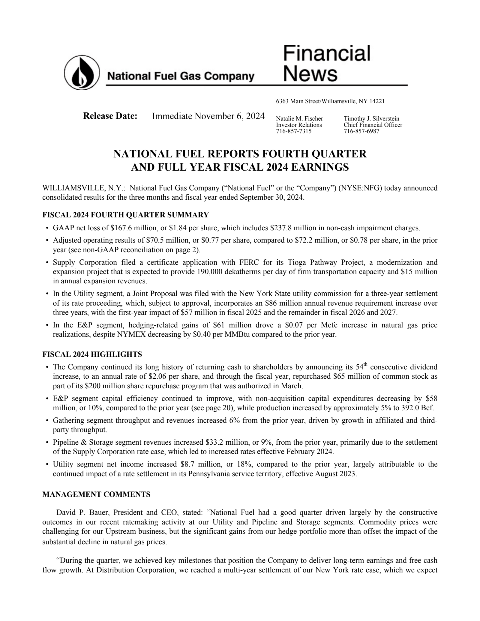 National Fuel Gas' Q4 2024 Press Release