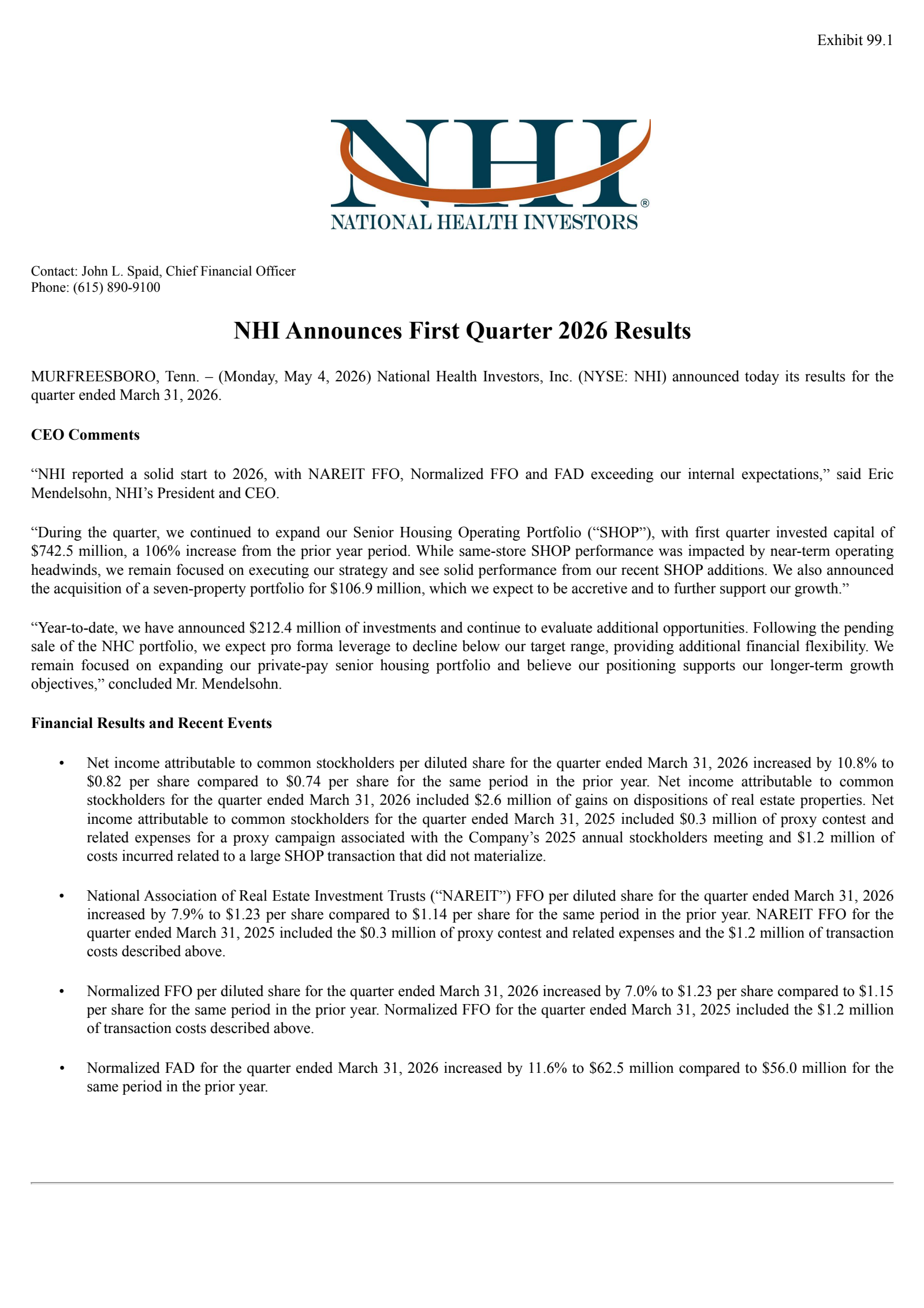 National Health Investors' Q1 2026 Press Release