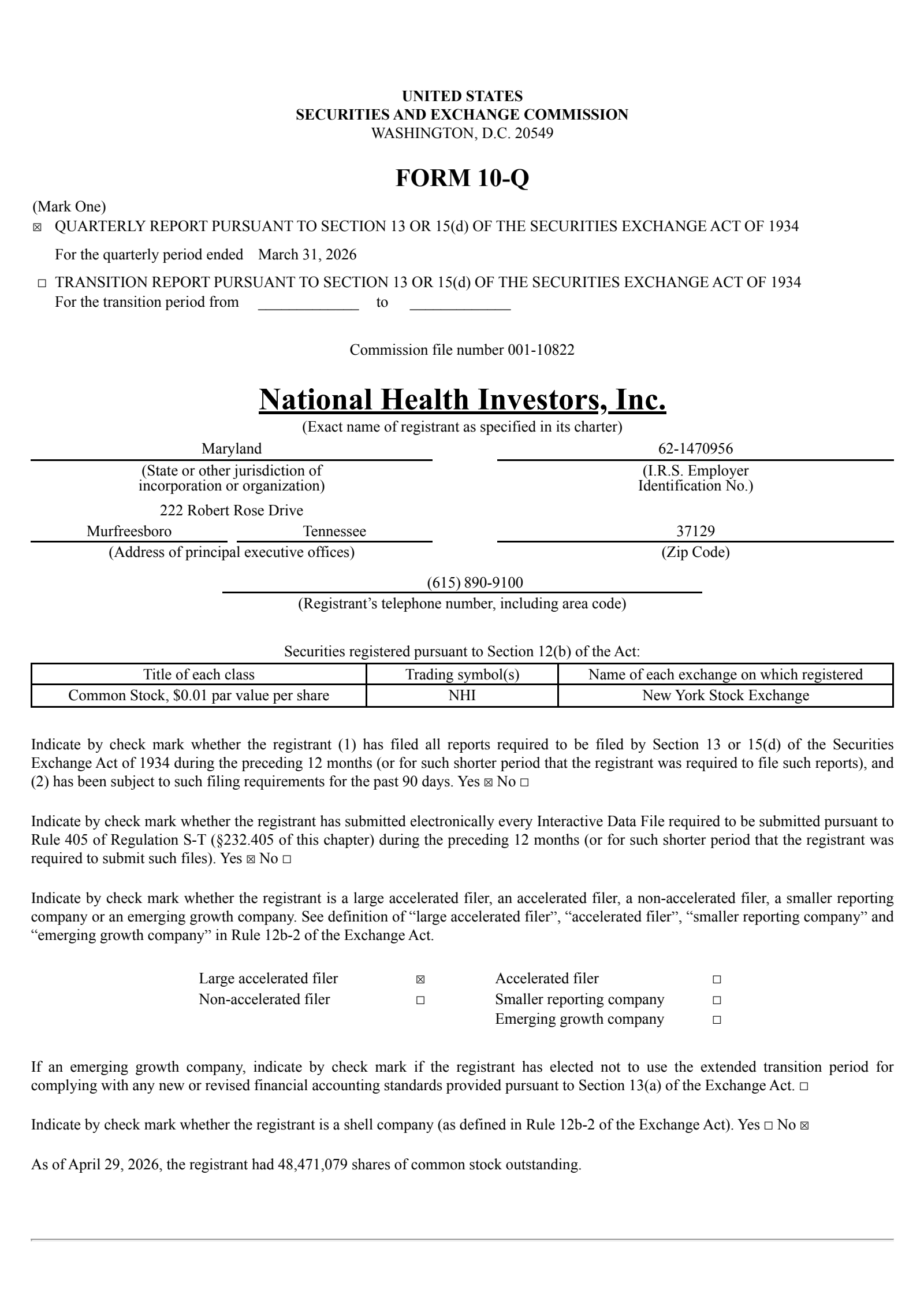 National Health Investors' Q1 2026 Quarterly report