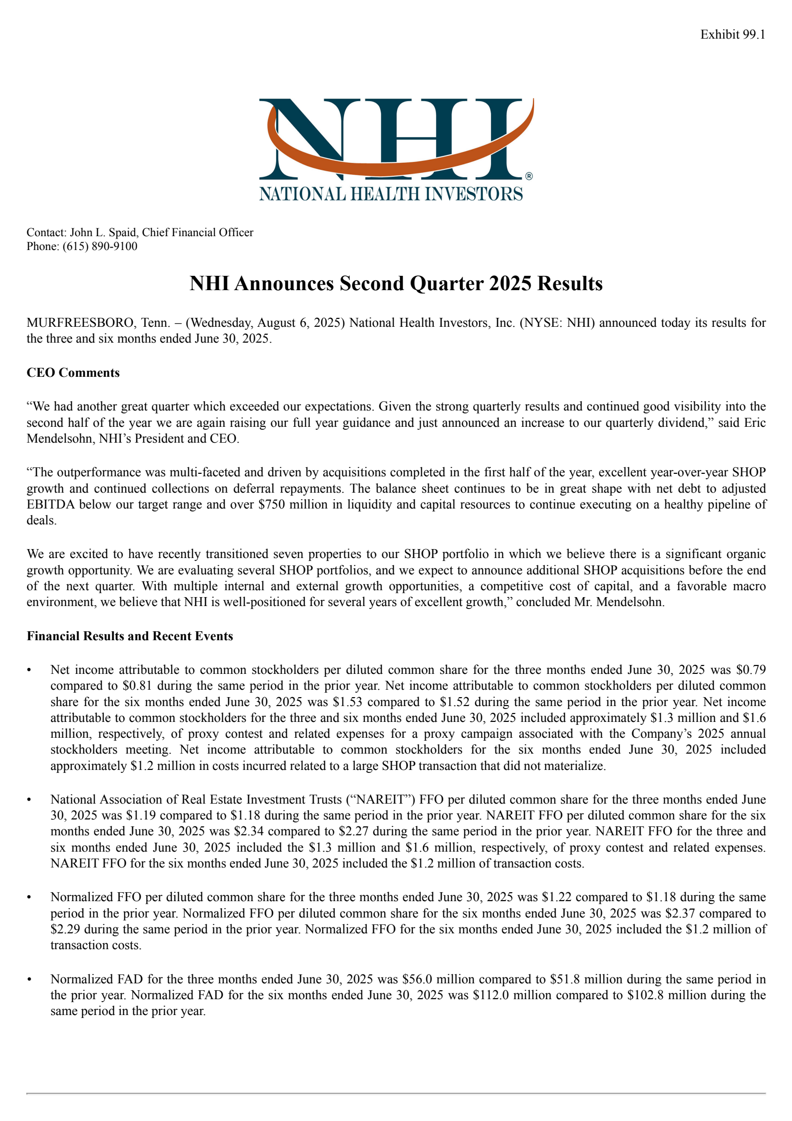 National Health Investors' Q2 2025 Press Release