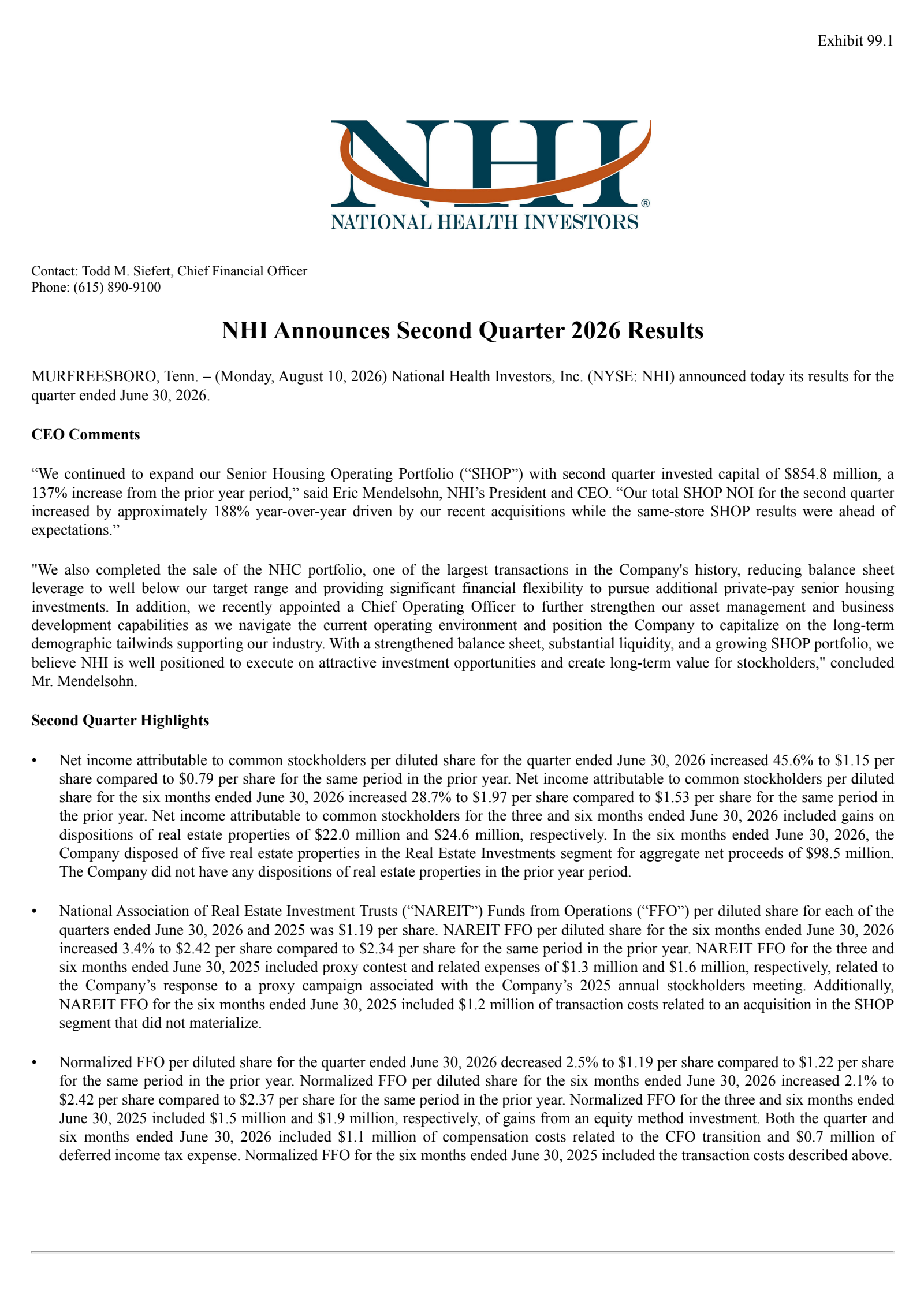 National Health Investors' Q2 2026 Press Release