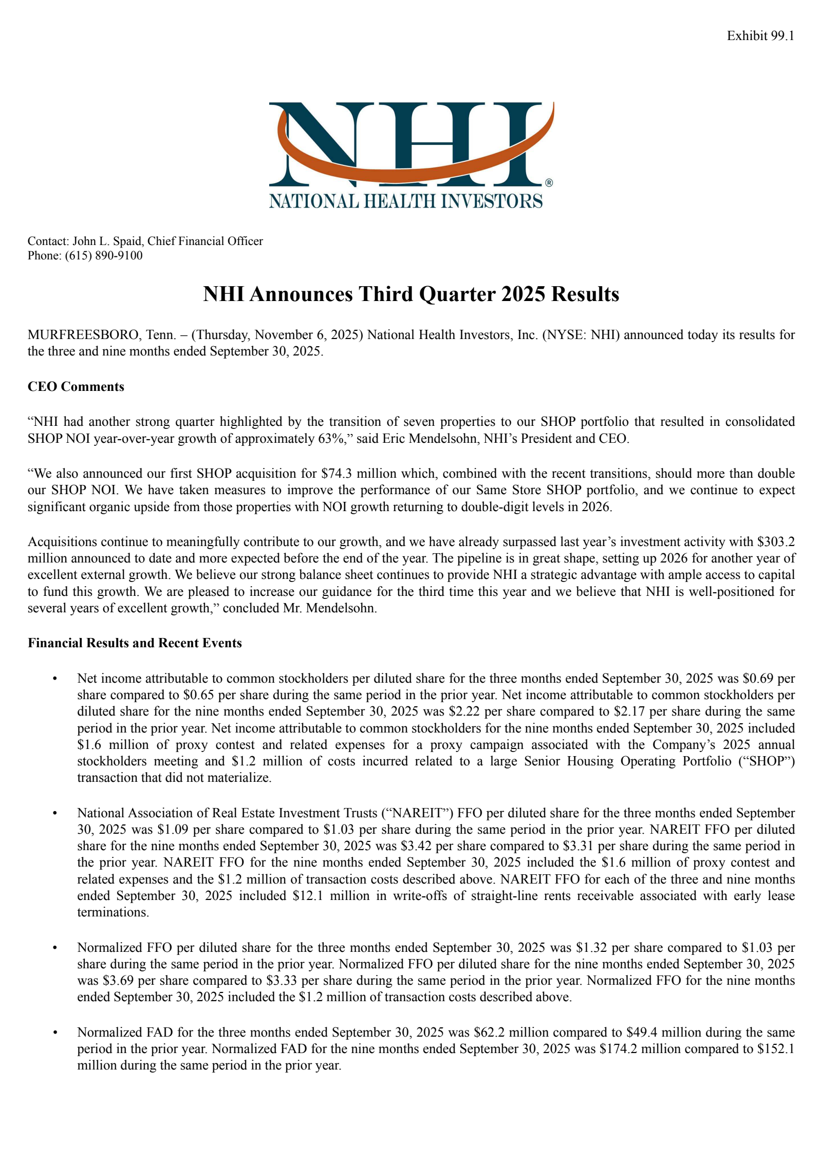 National Health Investors' Q3 2025 Earnings Release