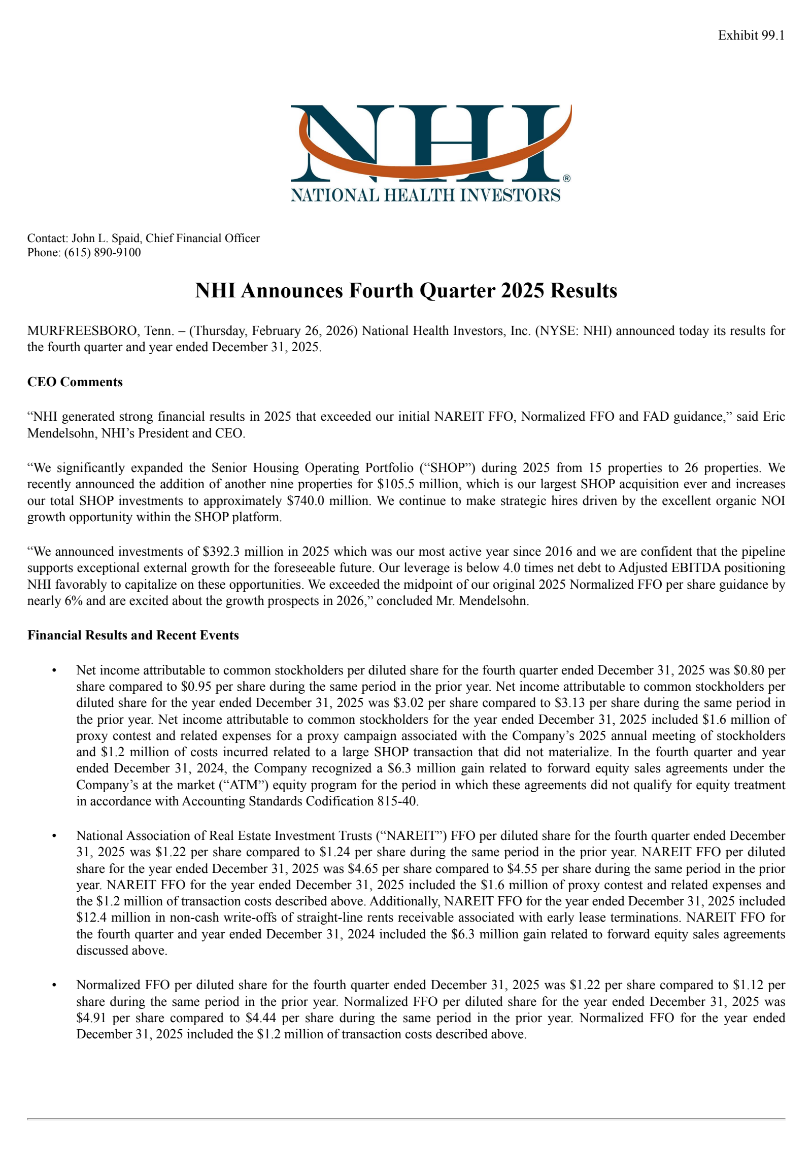 National Health Investors' Q4 2025 Press Release