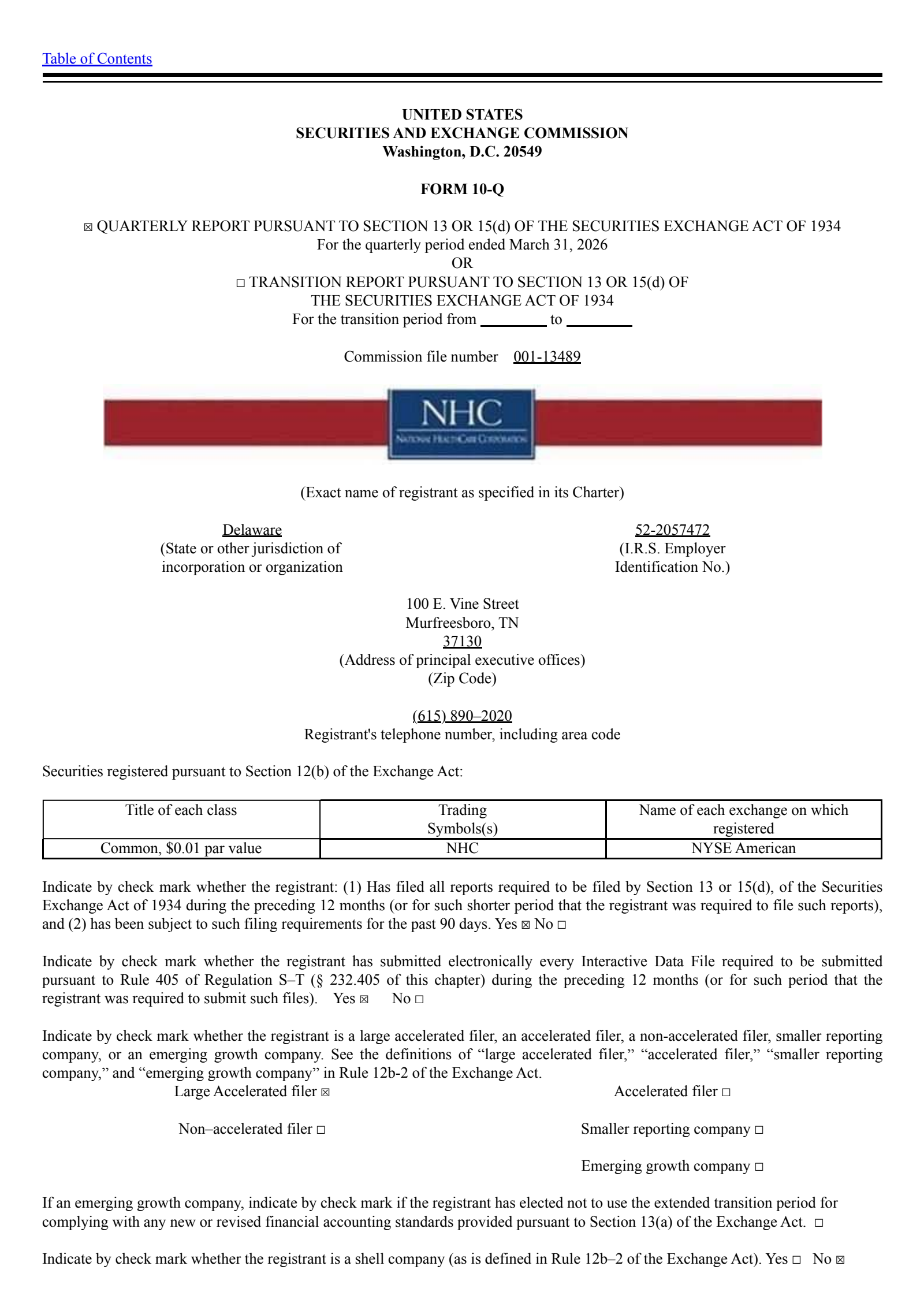 National HealthCare's Q1 2026 Quarterly report