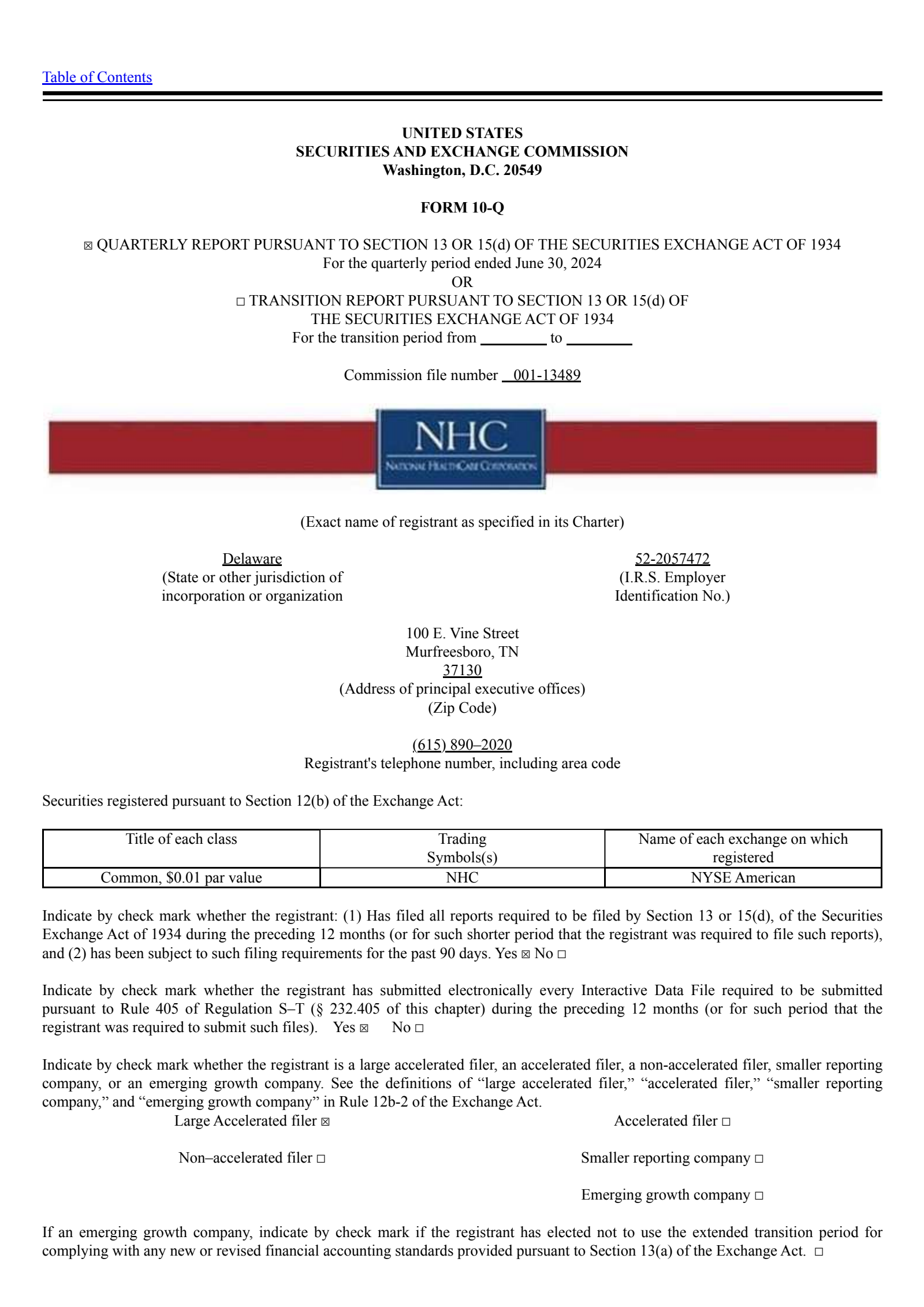National HealthCare's Q2 2024 Quarterly report