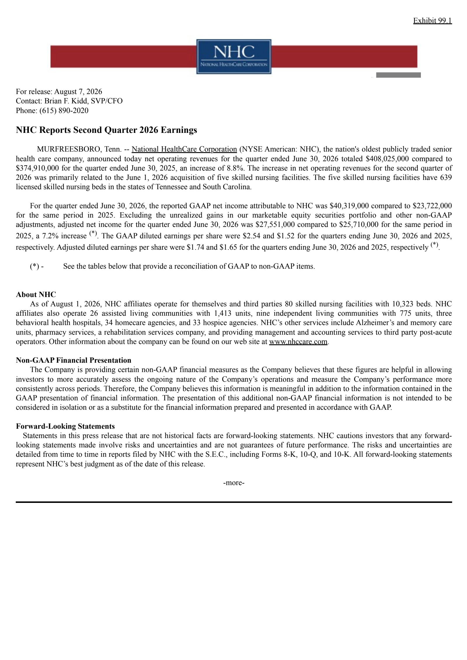 National HealthCare's Q2 2026 Press Release