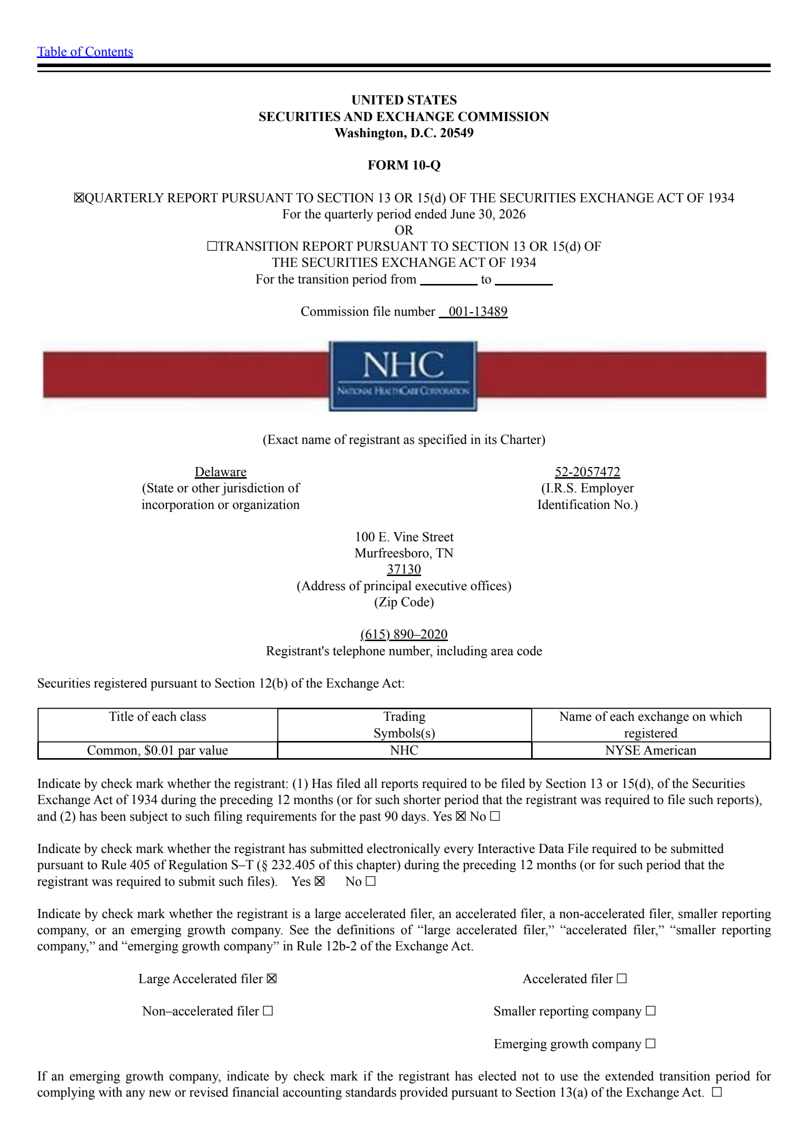 National HealthCare's Q2 2026 Quarterly report