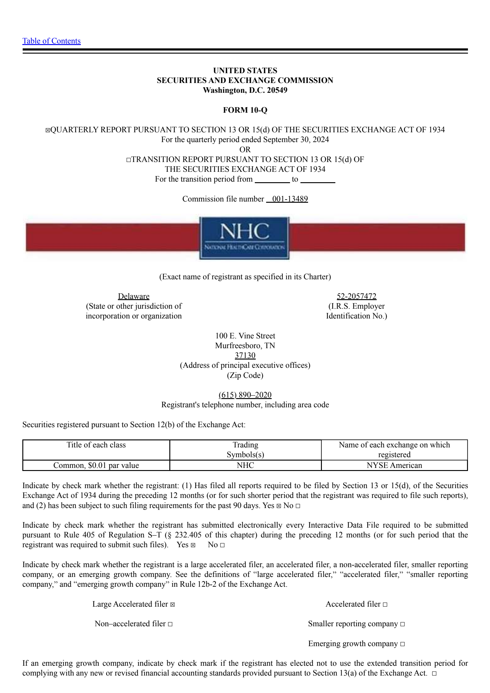 National HealthCare's Q3 2024 Quarterly report