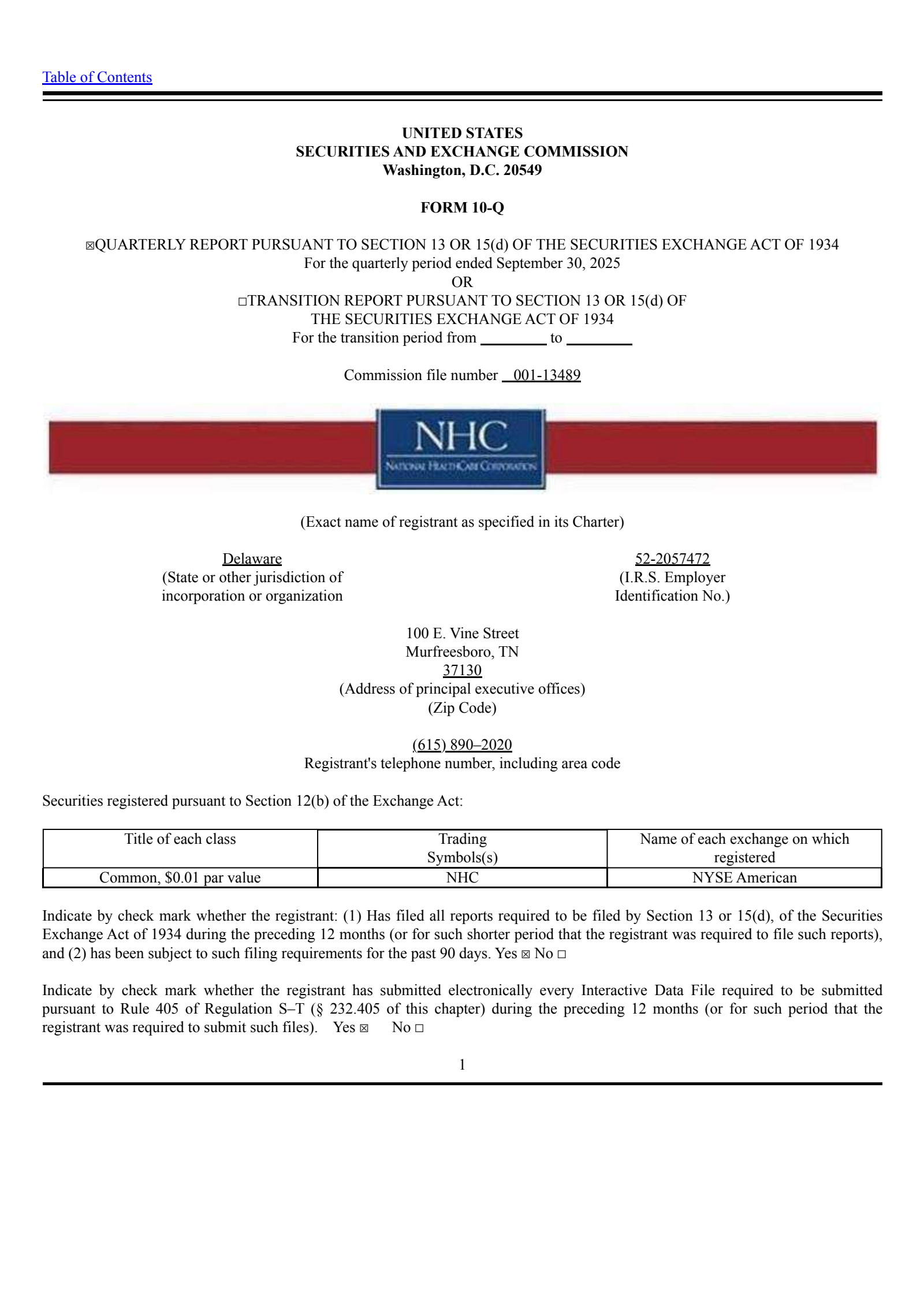 National HealthCare's Q3 2025 Quarterly report