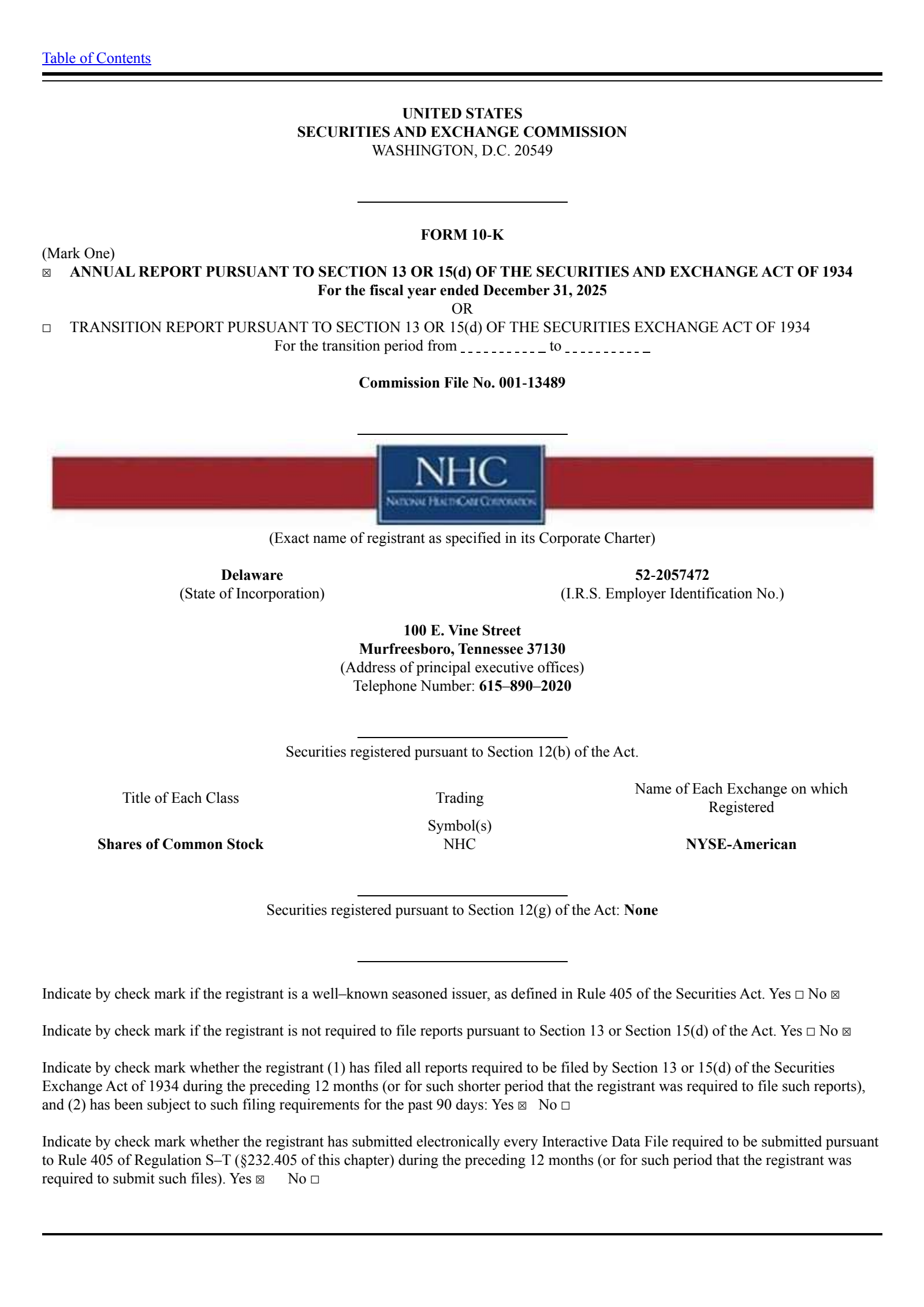National HealthCare's Q4 2025 Annual report