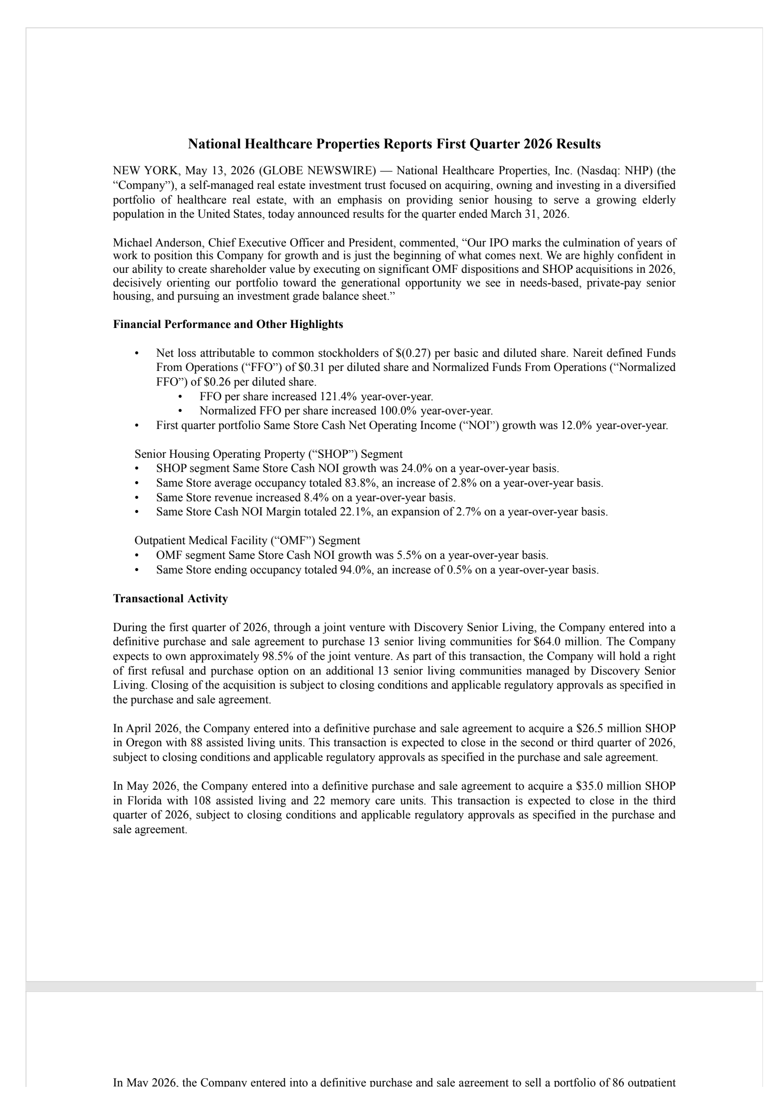National Healthcare Properties' Q1 2026 Press Release