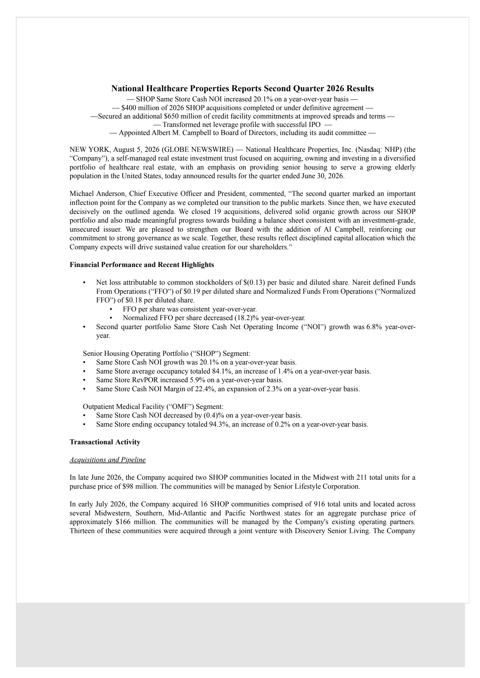 National Healthcare Properties' Q2 2026 Press Release
