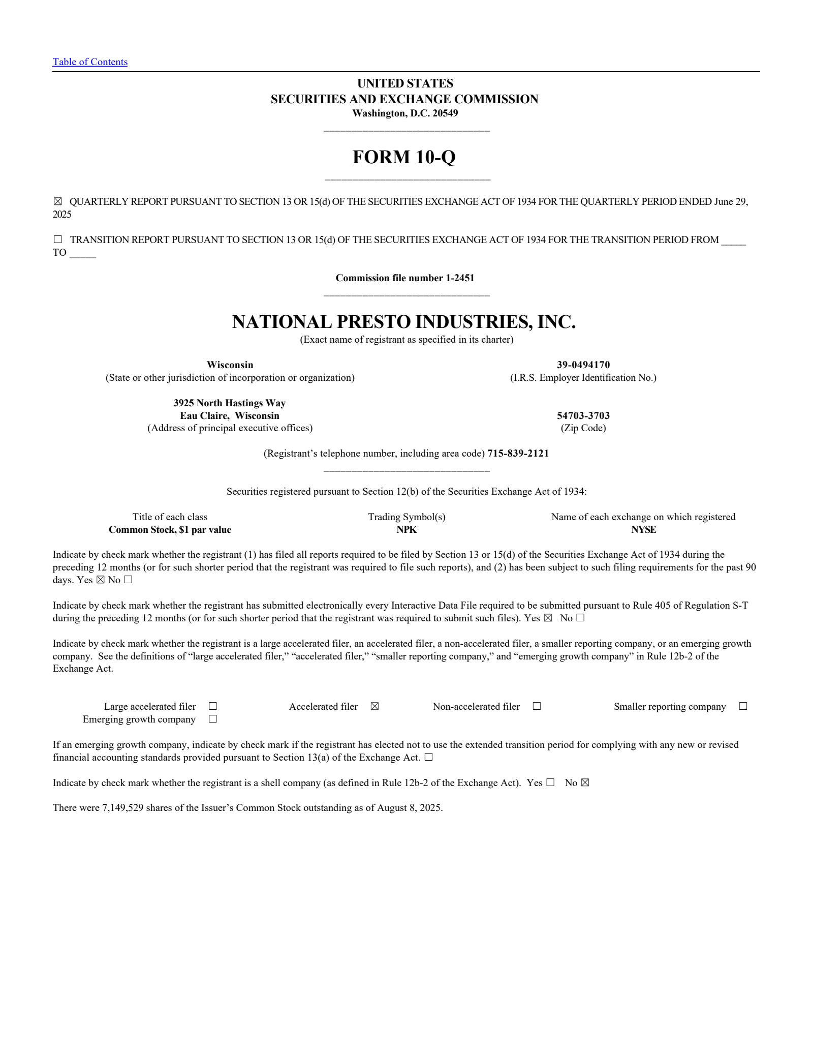 National Presto Industries' Q2 2025 Quarterly report