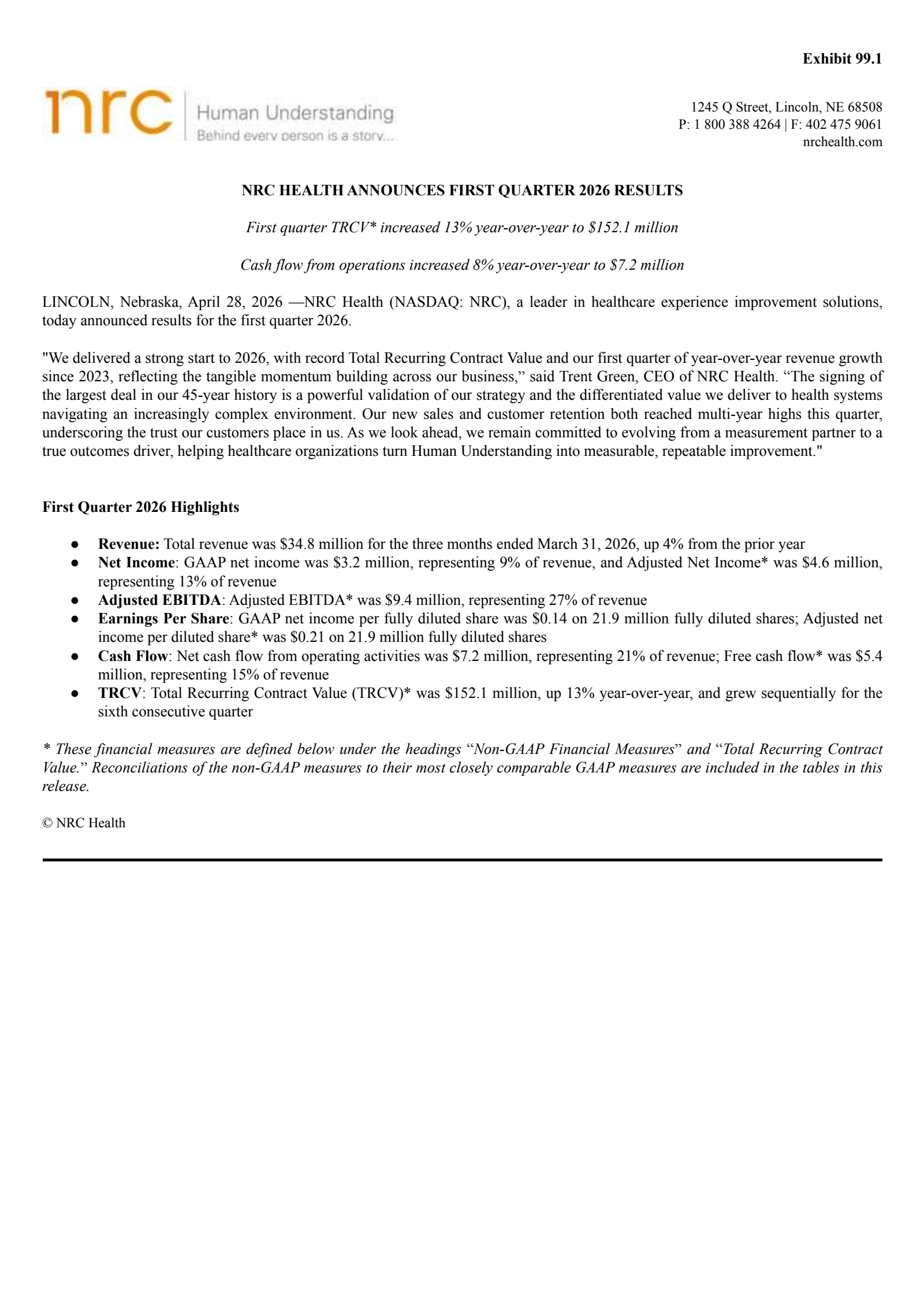 National Research's Q1 2026 Press Release