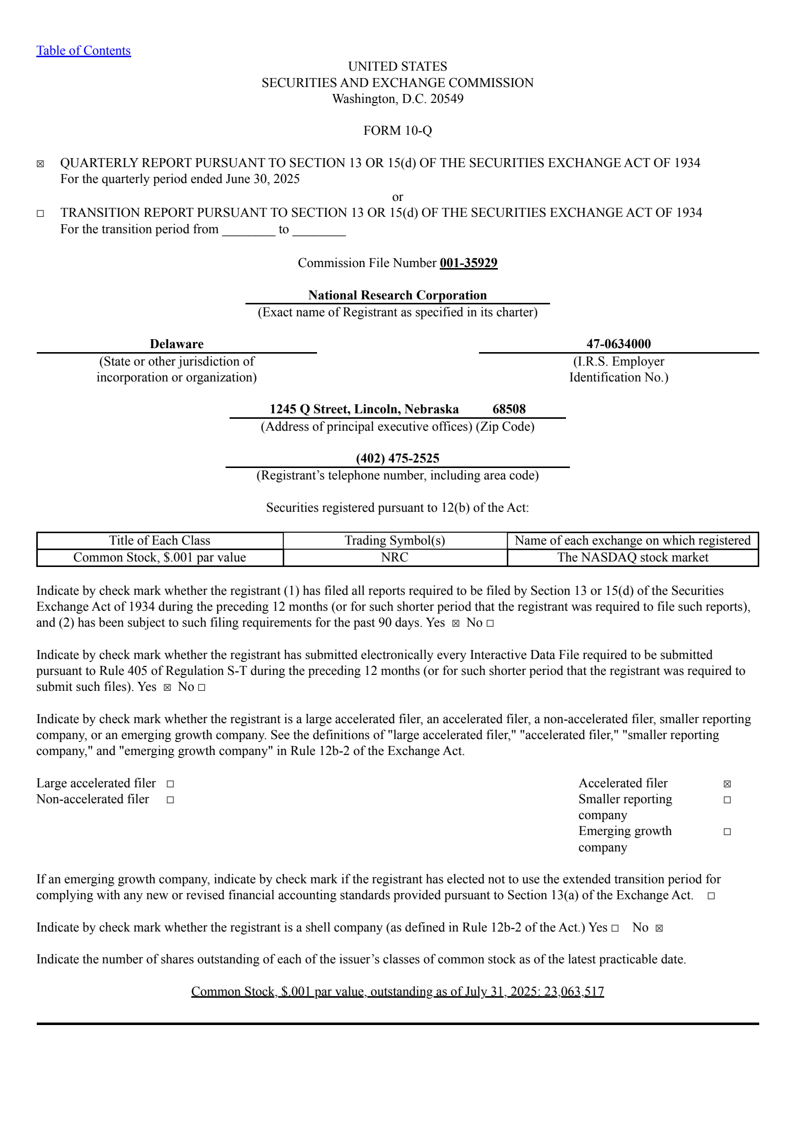 National Research's Q2 2025 Quarterly report