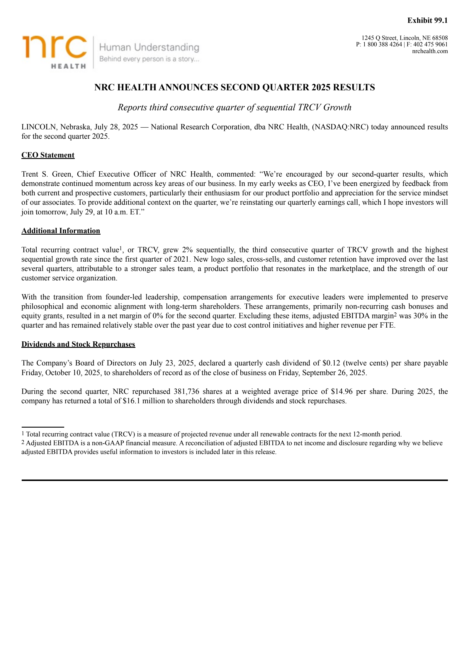 National Research's Q2 2025 Press Release