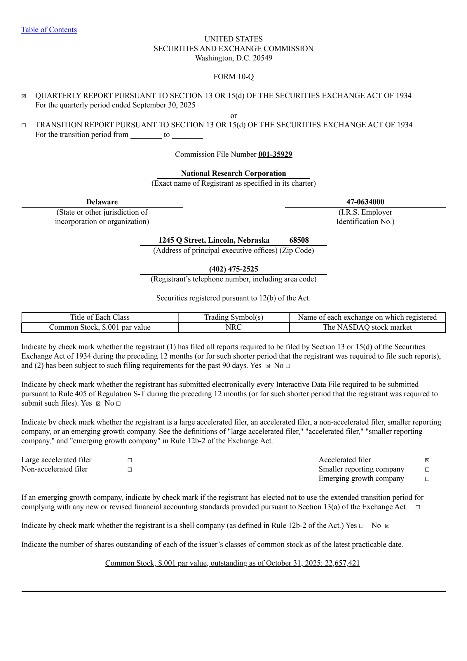 National Research's Q3 2025 Quarterly Report
