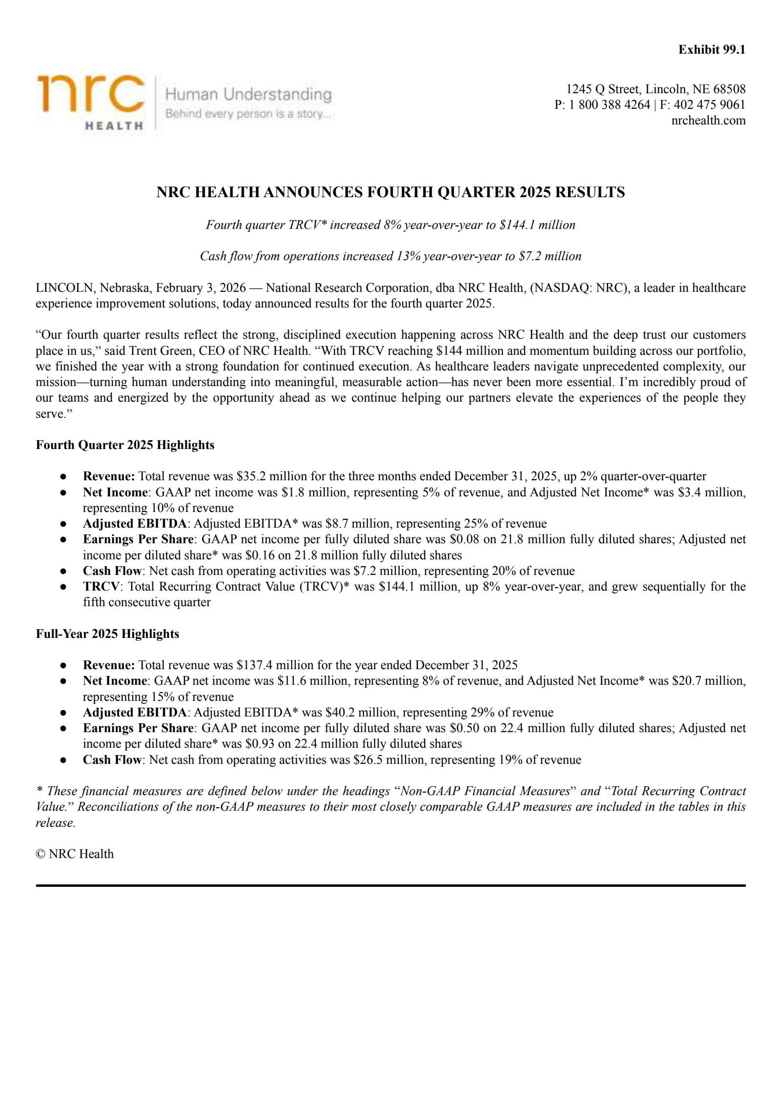 National Research's Q4 2025 Press Release