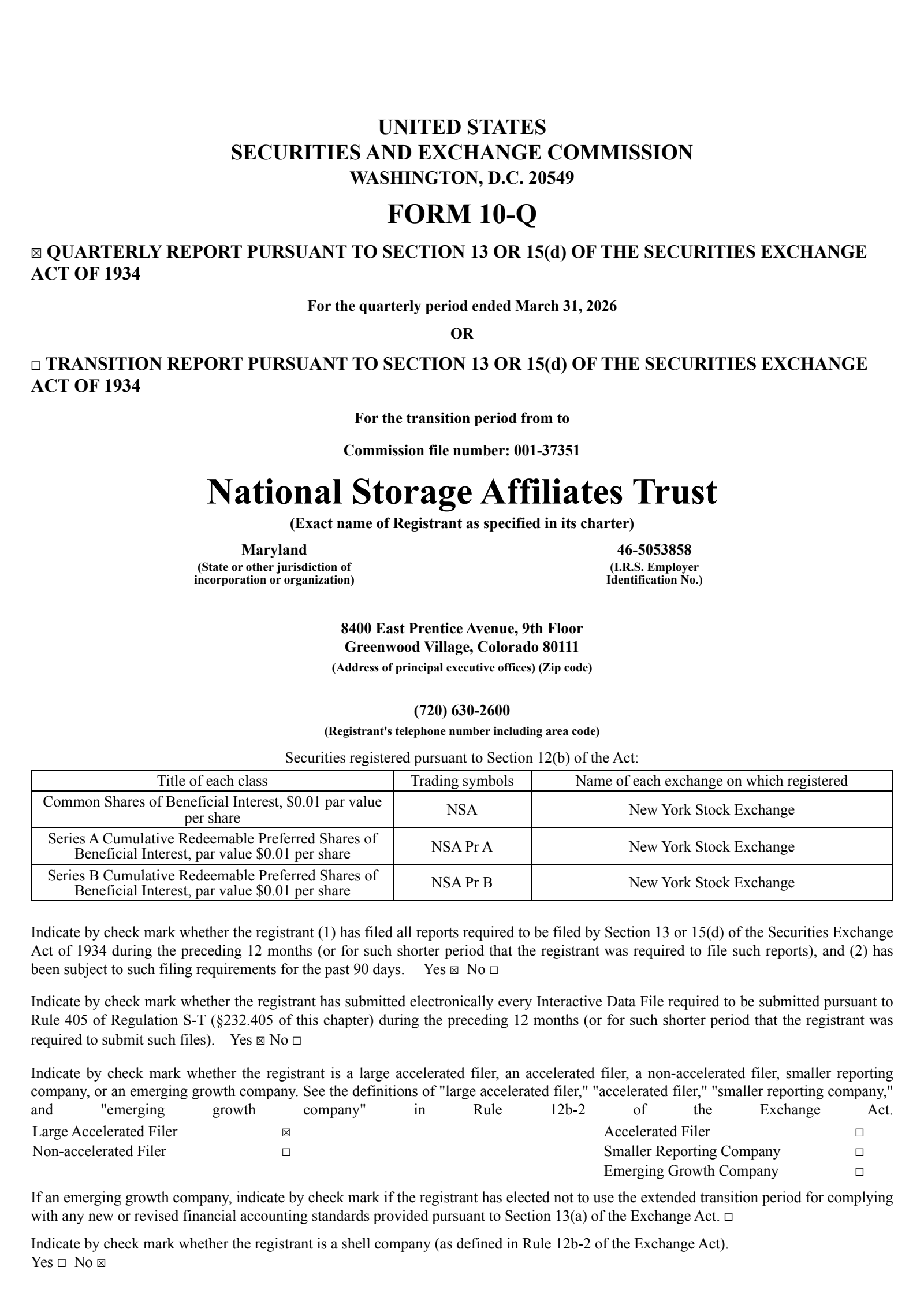 National Storage Affiliates Trust's Q1 2026 Quarterly report
