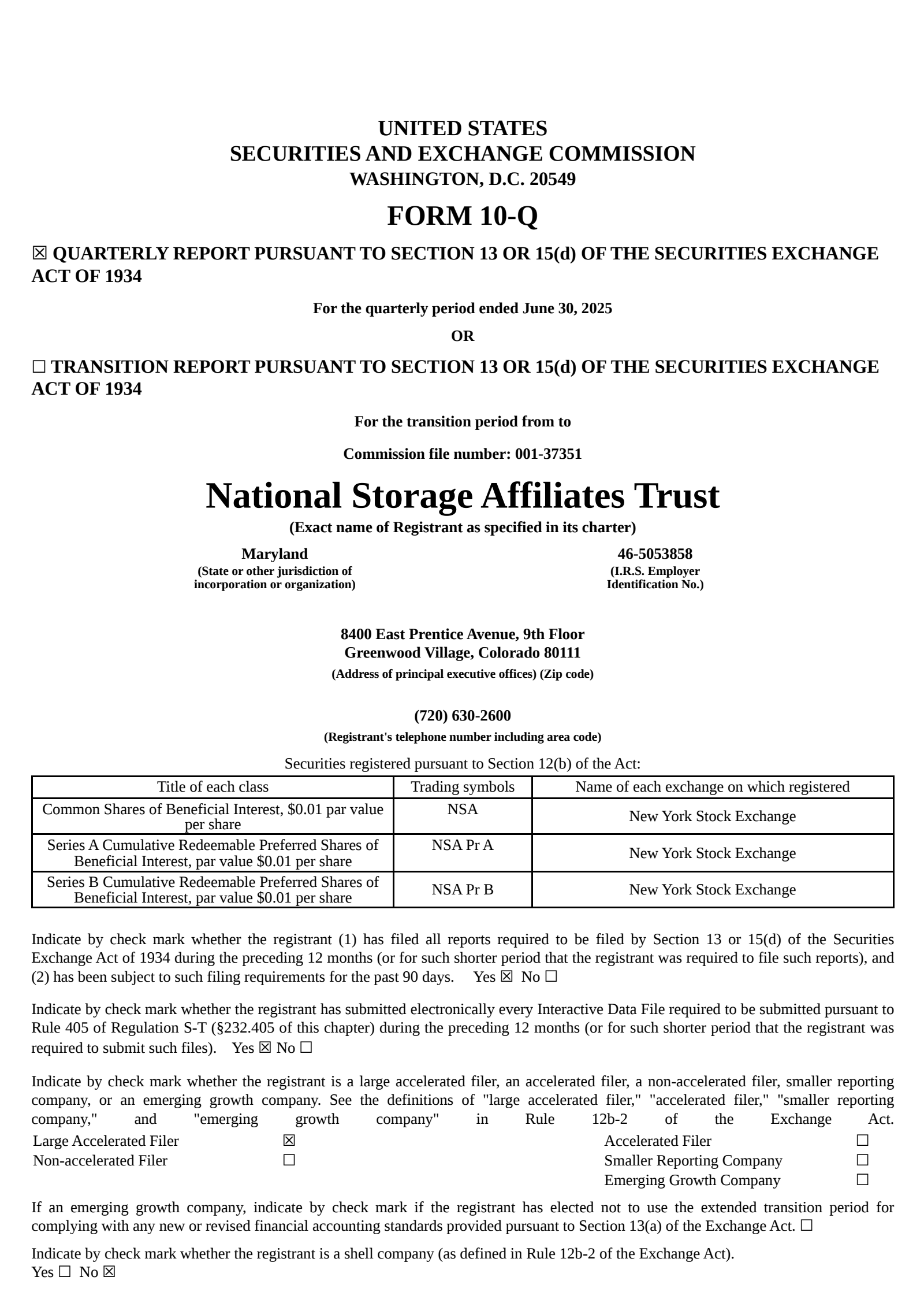 National Storage Affiliates Trust's Q2 2025 Quarterly report