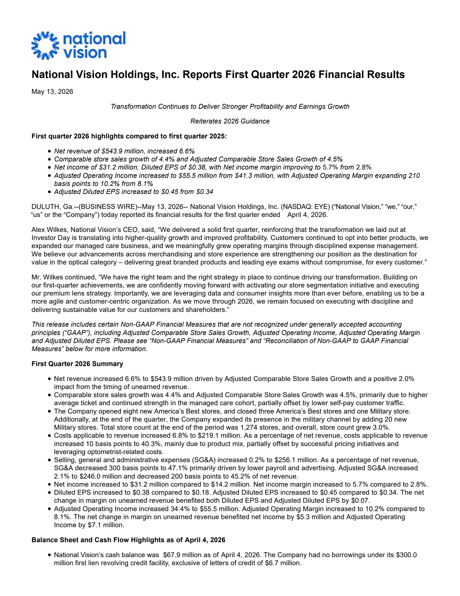National Vision's Q1 2026 Press Release