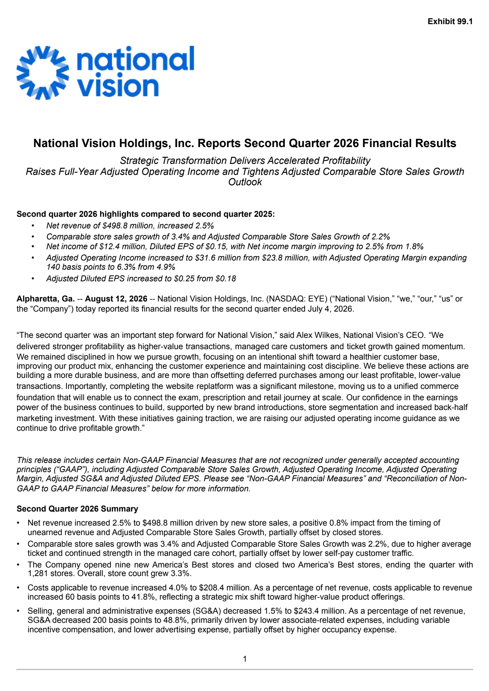 National Vision's Q2 2026 Press Release