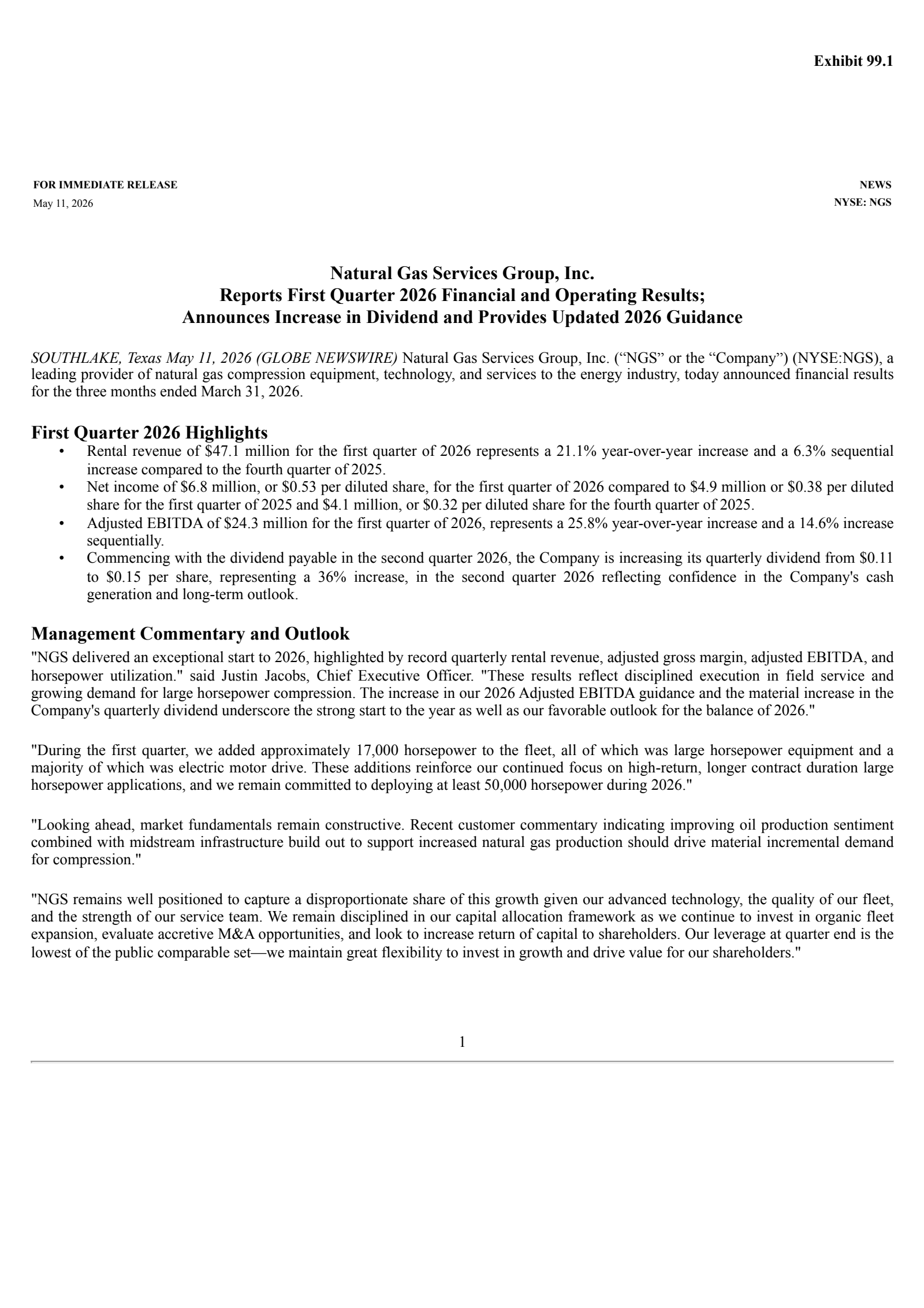 Natural Gas Services Group's Q1 2026 Press Release