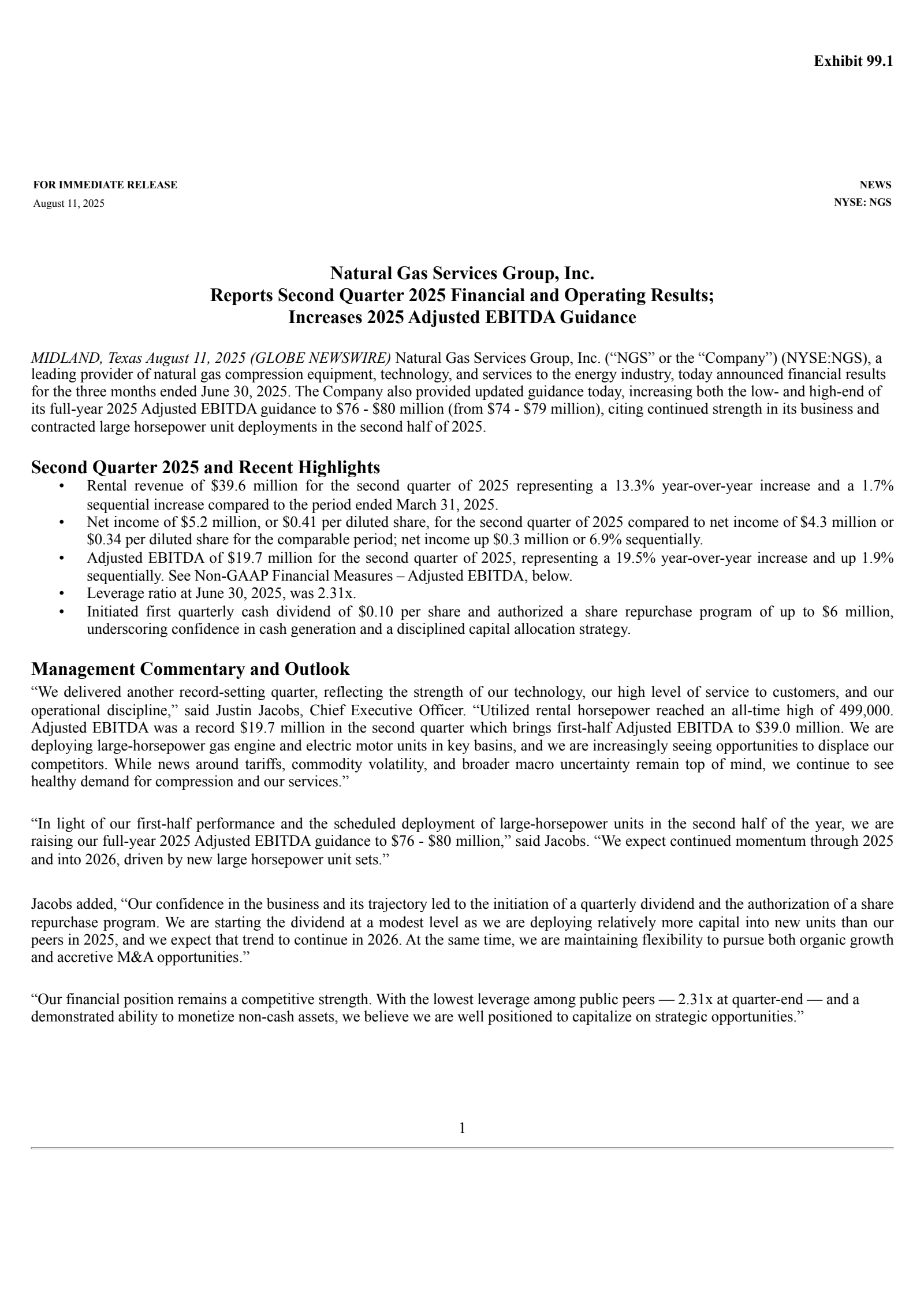 Natural Gas Services Group's Q2 2025 Press Release