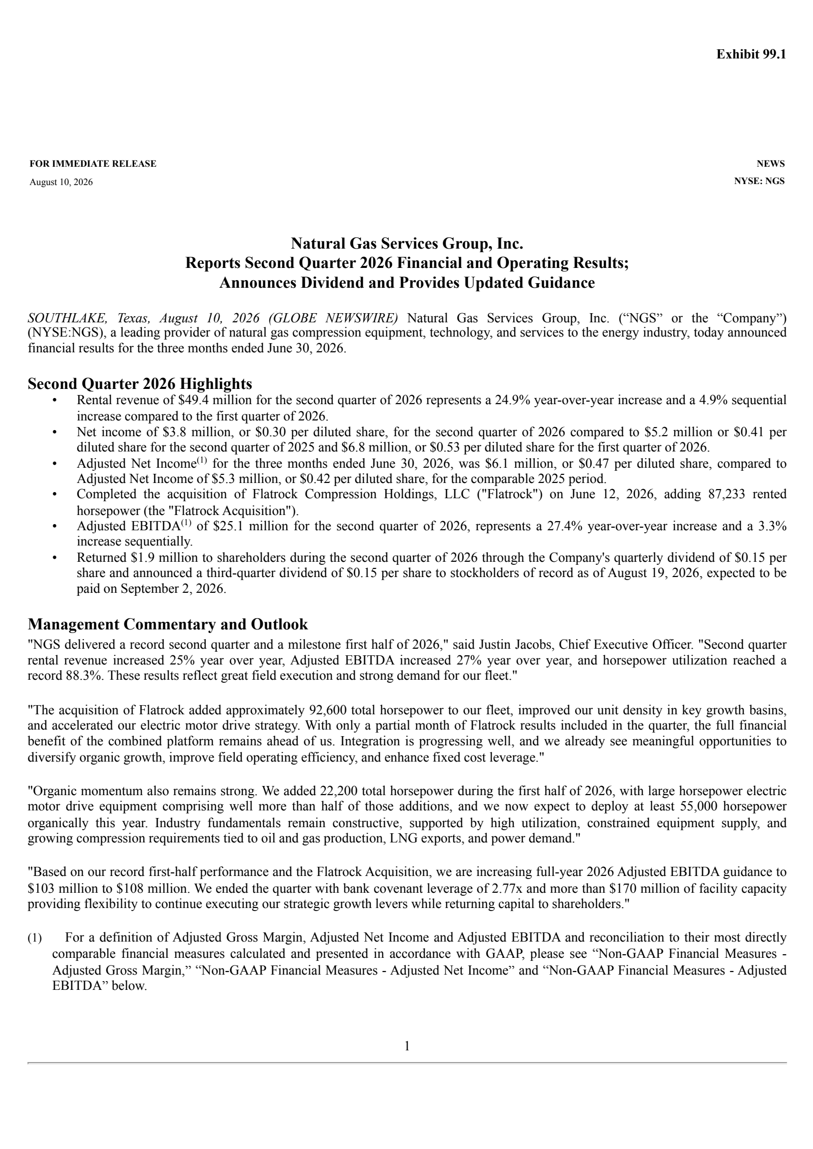 Natural Gas Services Group's Q2 2026 Press Release