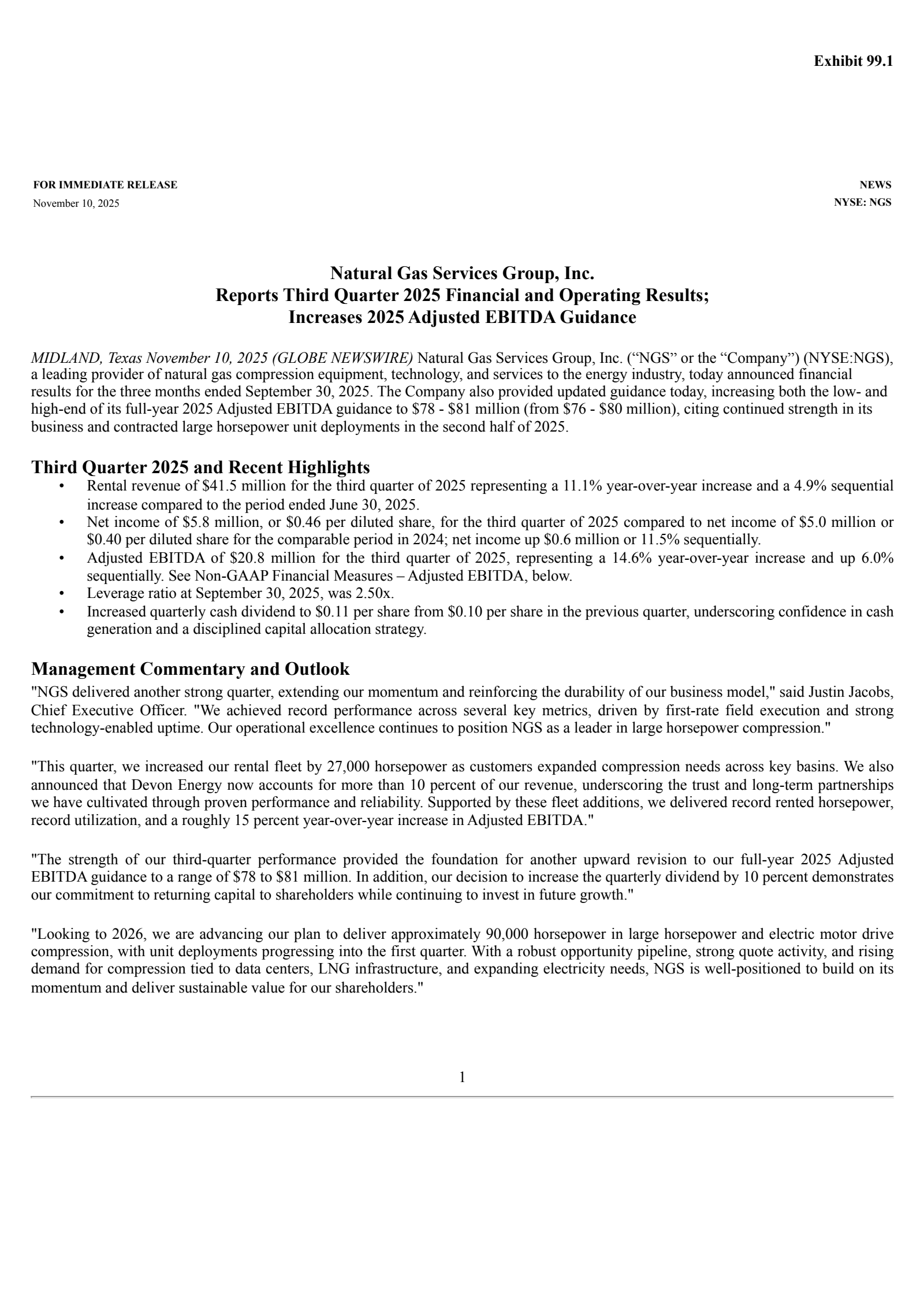 Natural Gas Services Group's Q3 2025 Earnings Release