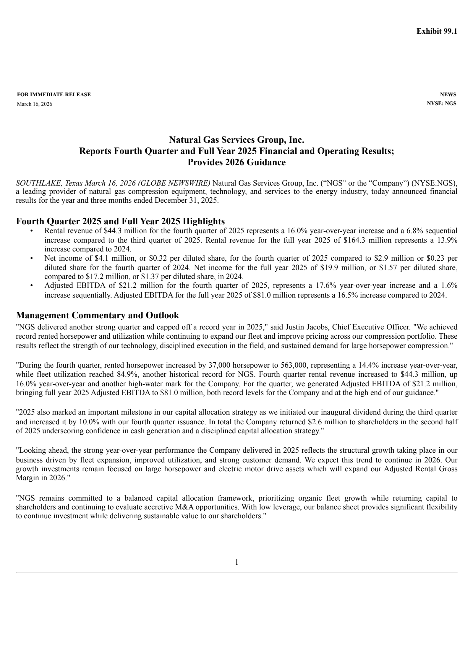Natural Gas Services Group's Q4 2025 Press Release