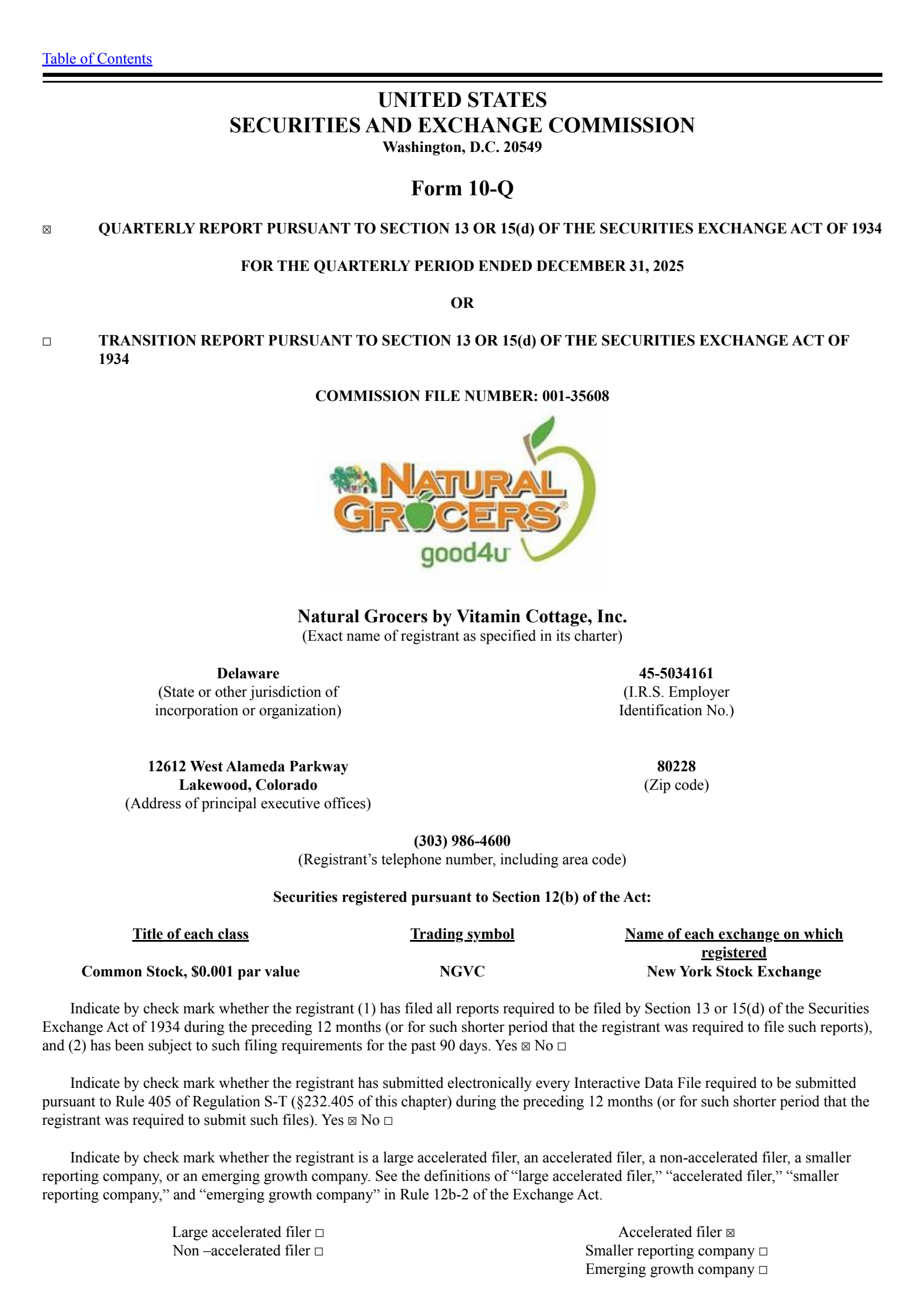 Natural Grocers by Vitamin Cottage's Q1 2026 Quarterly report