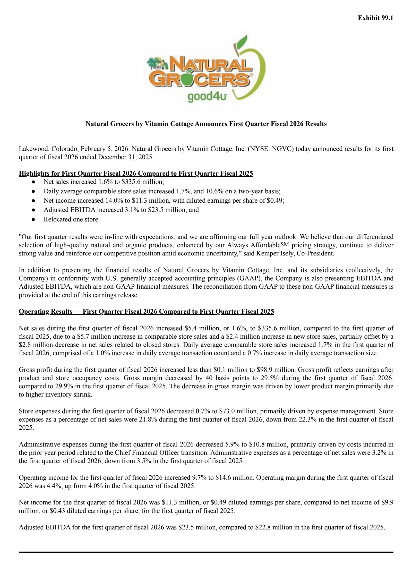 Natural Grocers by Vitamin Cottage's Q1 2026 Press Release