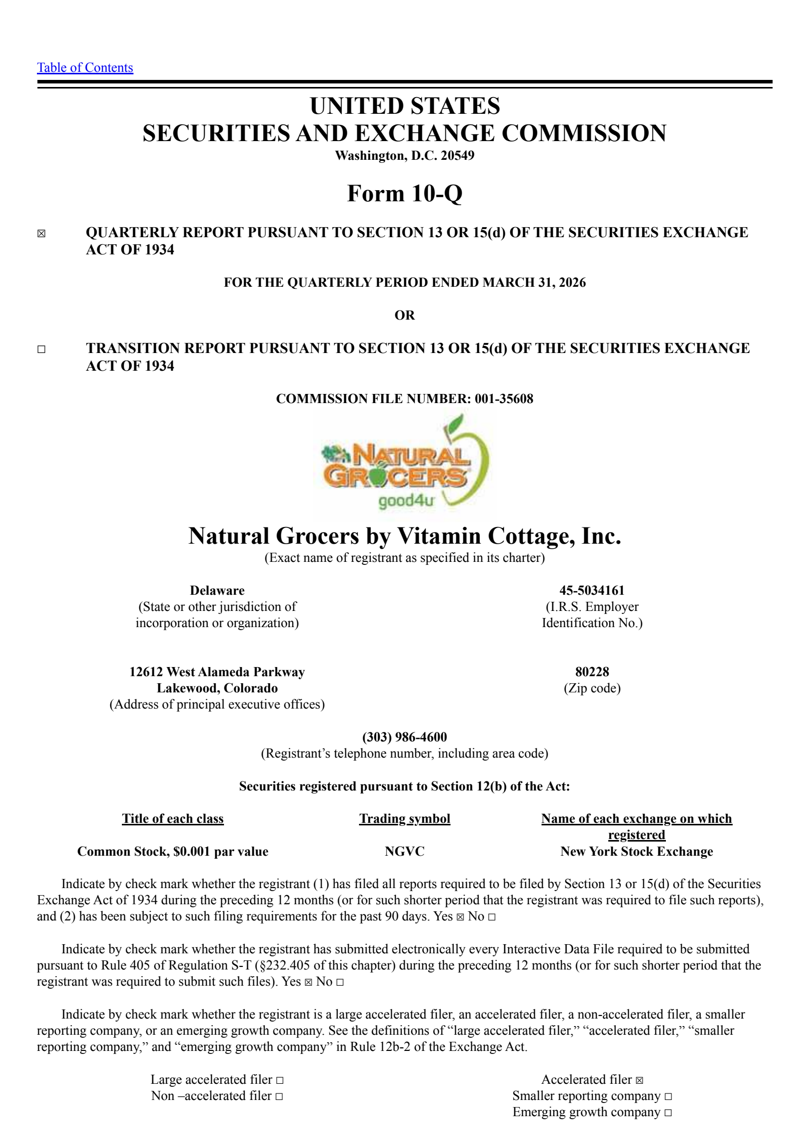 Natural Grocers by Vitamin Cottage's Q2 2026 Quarterly report