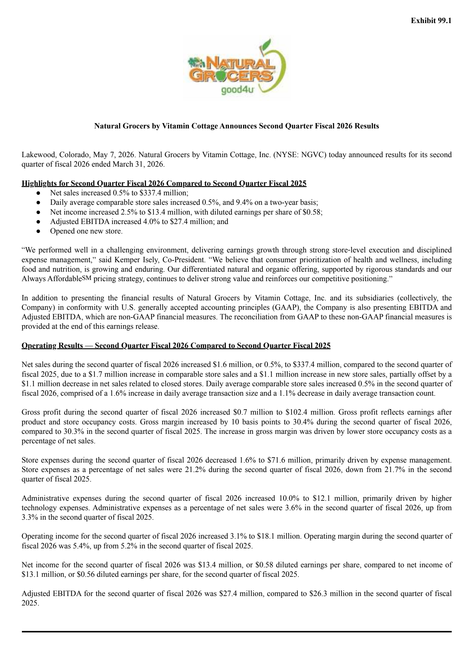 Natural Grocers by Vitamin Cottage's Q2 2026 Press Release