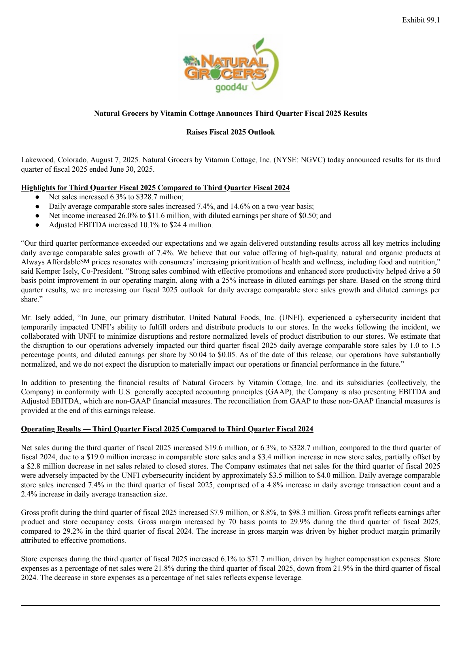 Natural Grocers by Vitamin Cottage's Q3 2025 Press Release