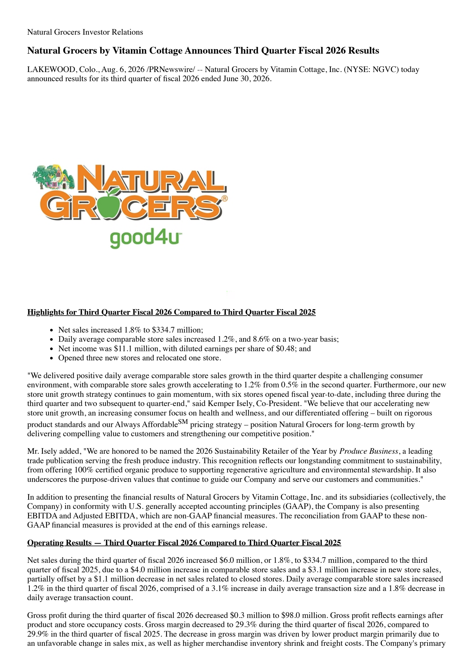 Natural Grocers by Vitamin Cottage's Q3 2026 Press Release