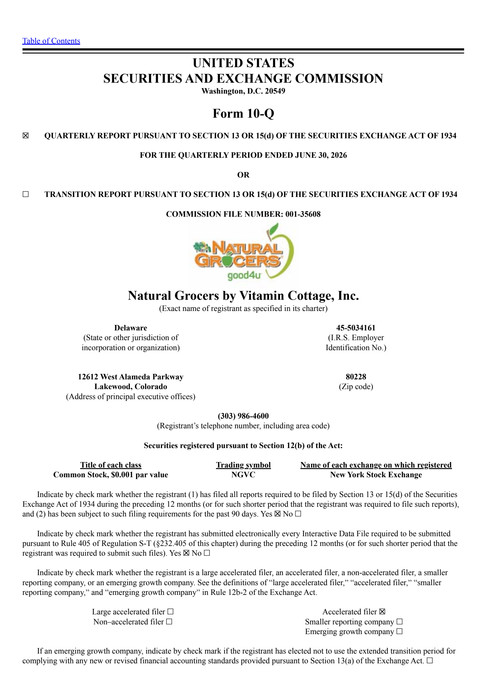 Natural Grocers by Vitamin Cottage's Q3 2026 Quarterly report