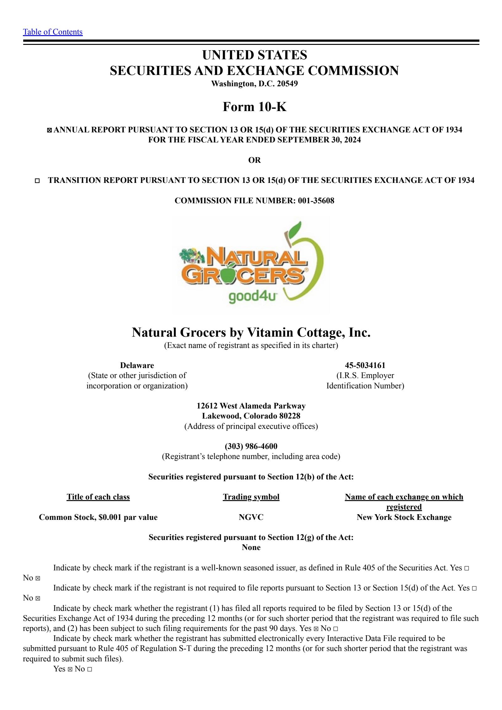 Natural Grocers by Vitamin Cottage's Q4 2024 Annual report