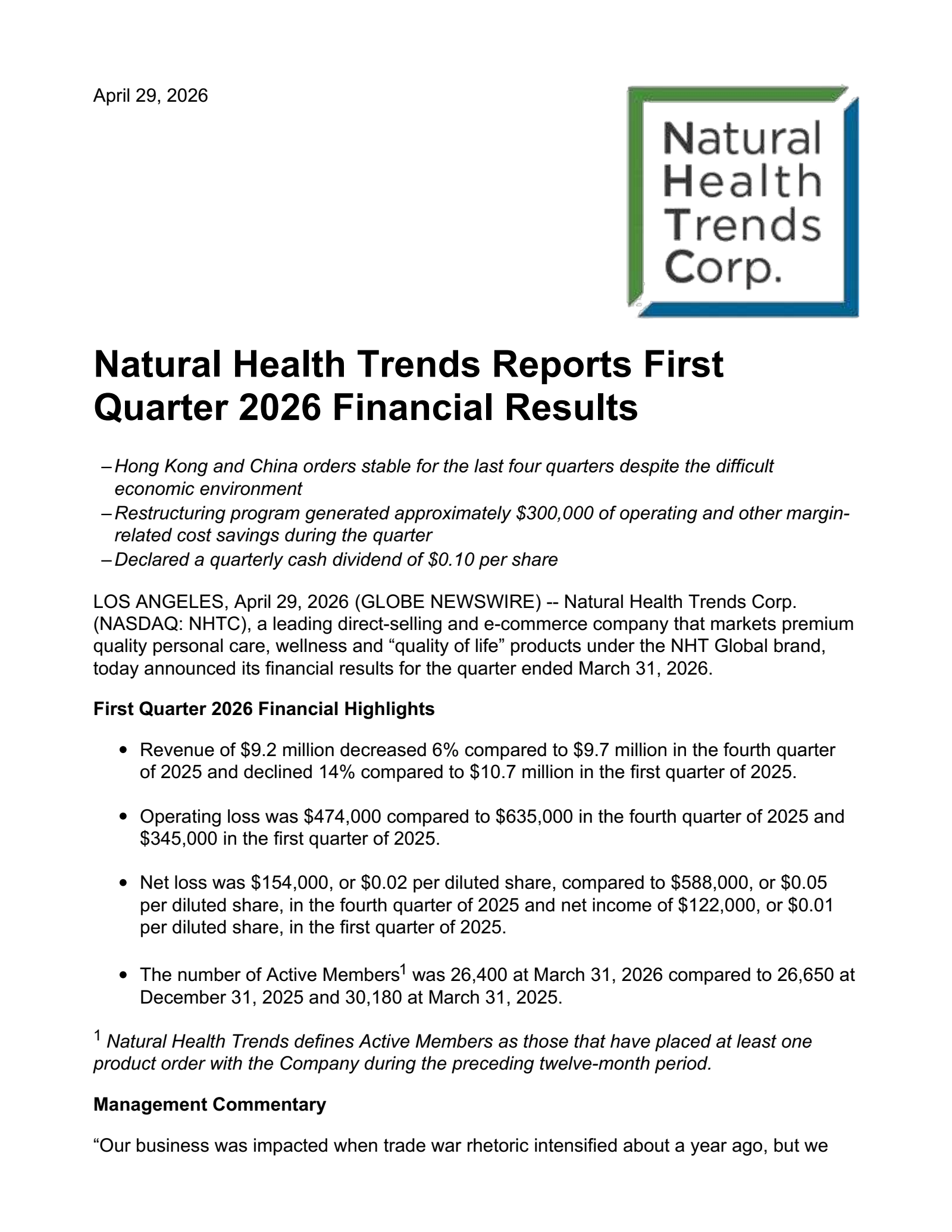 Natural Health Trends' Q1 2026 Press Release