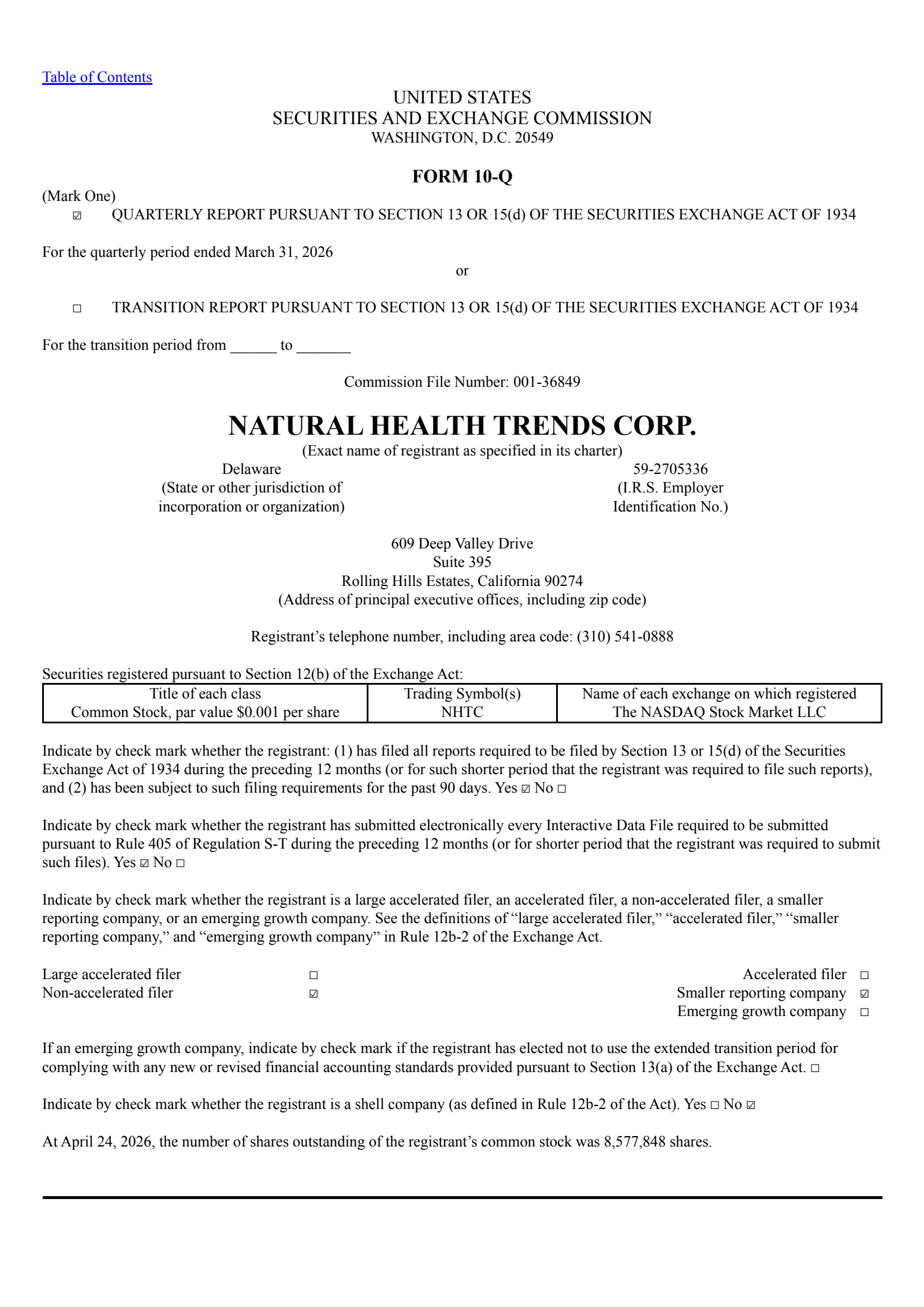 Natural Health Trends' Q1 2026 Quarterly report