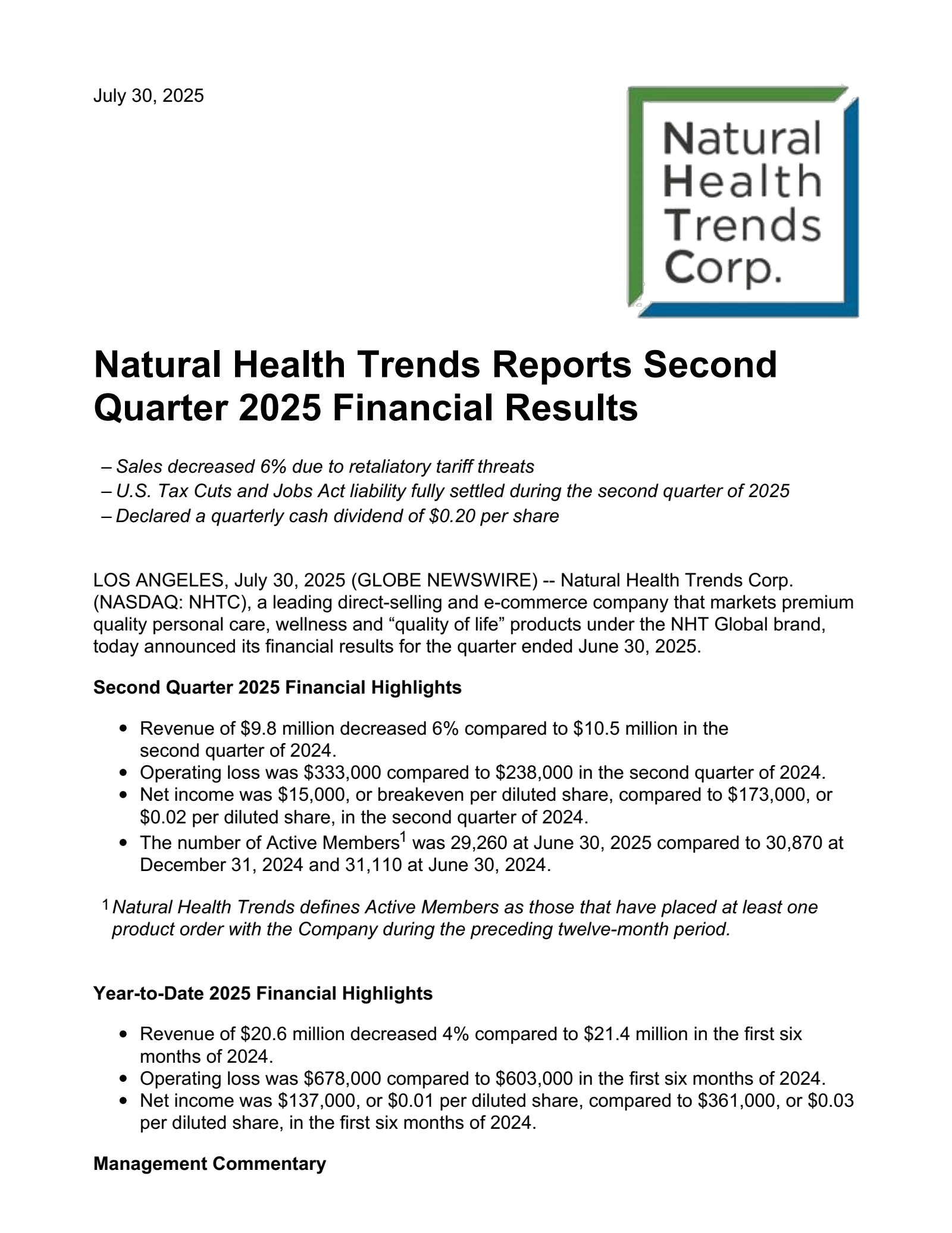 Natural Health Trends' Q2 2025 Press Release