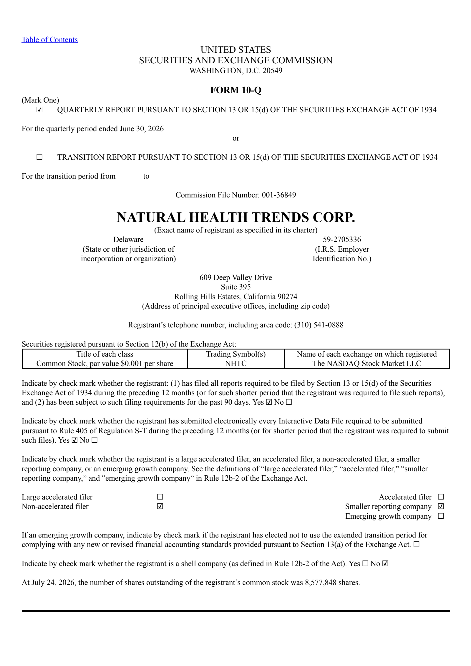 Natural Health Trends' Q2 2026 Quarterly report