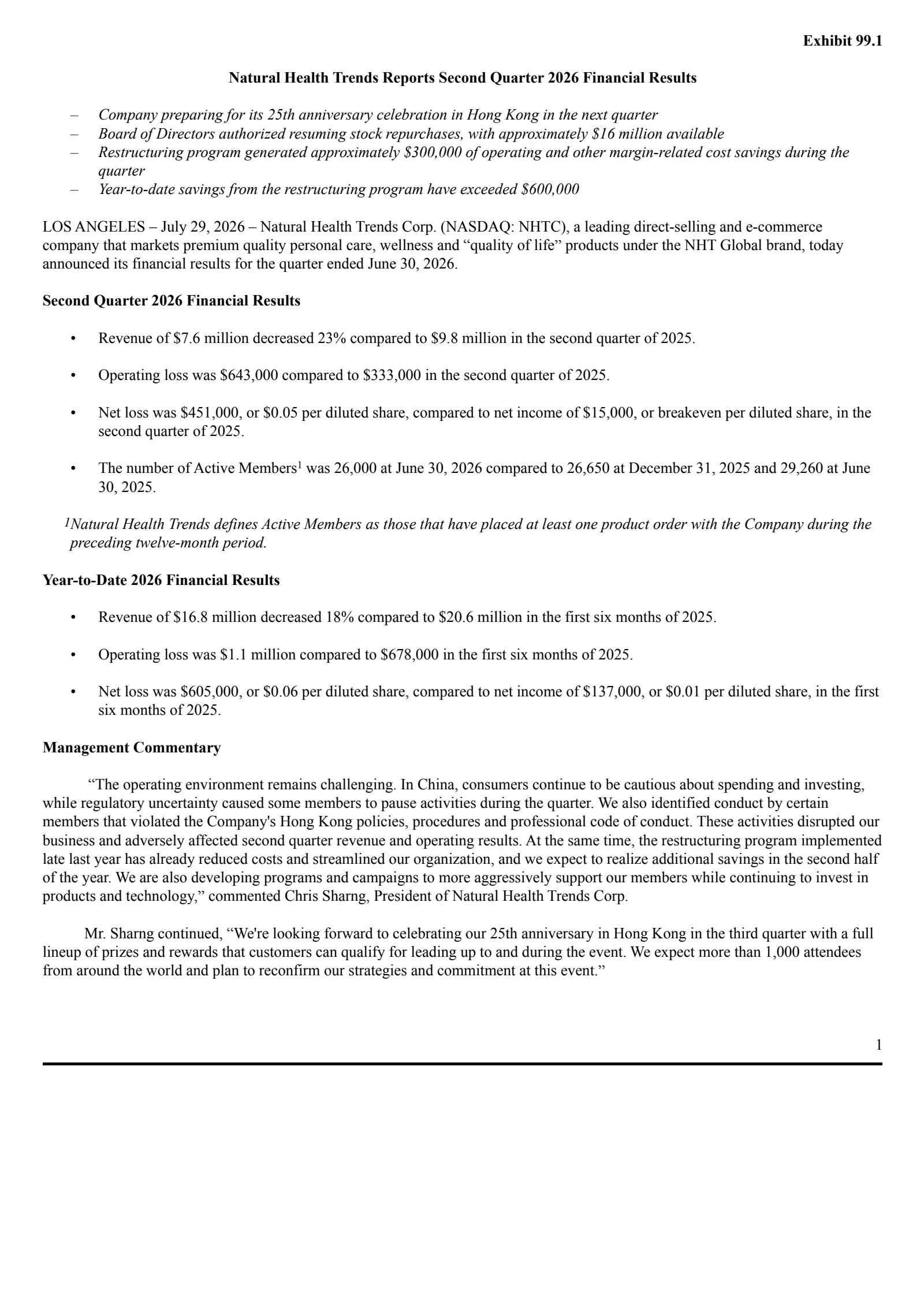 Natural Health Trends' Q2 2026 Press Release